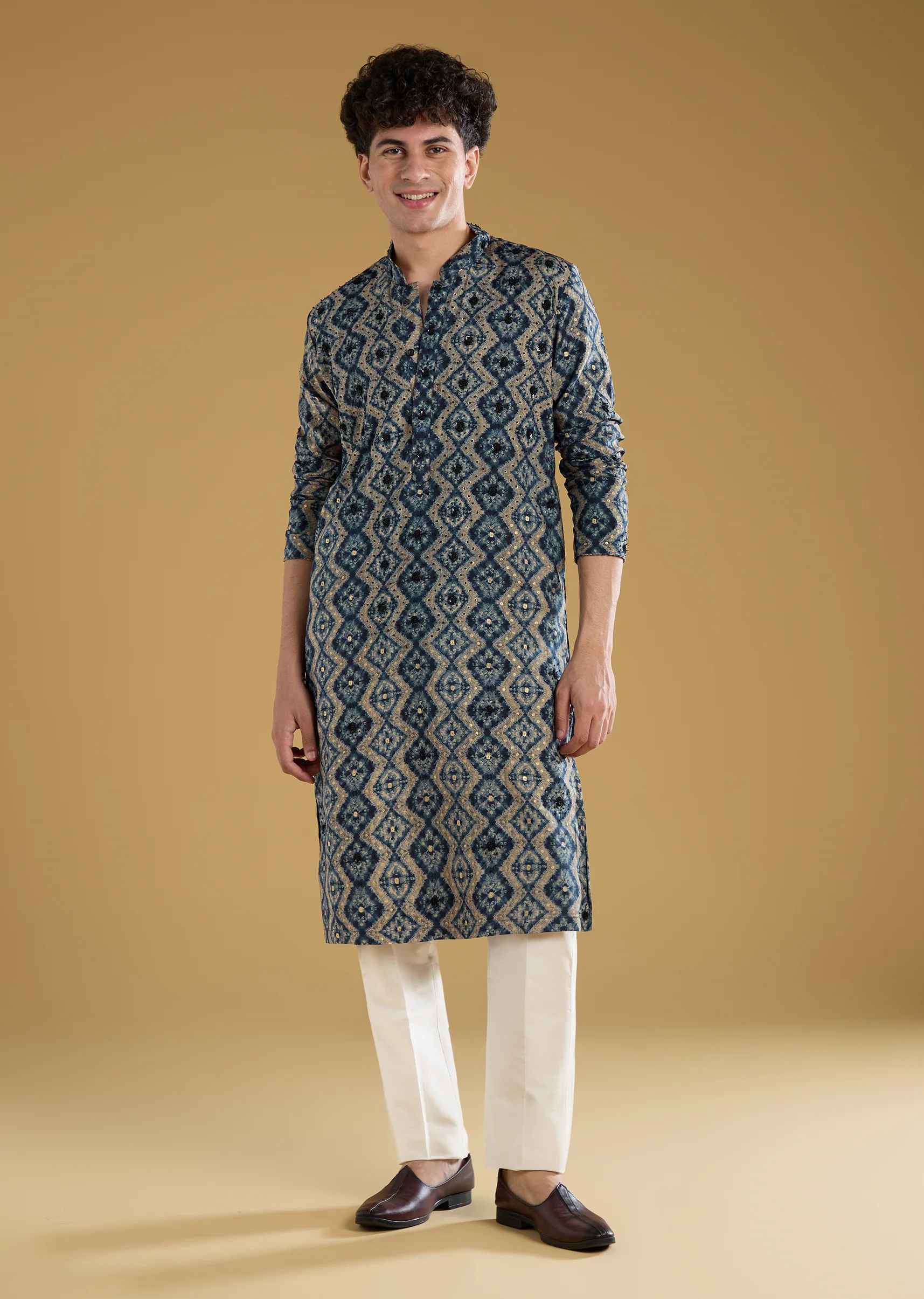 Navy Blue Modal Chanderi Sequin Embroidered Kurta Set