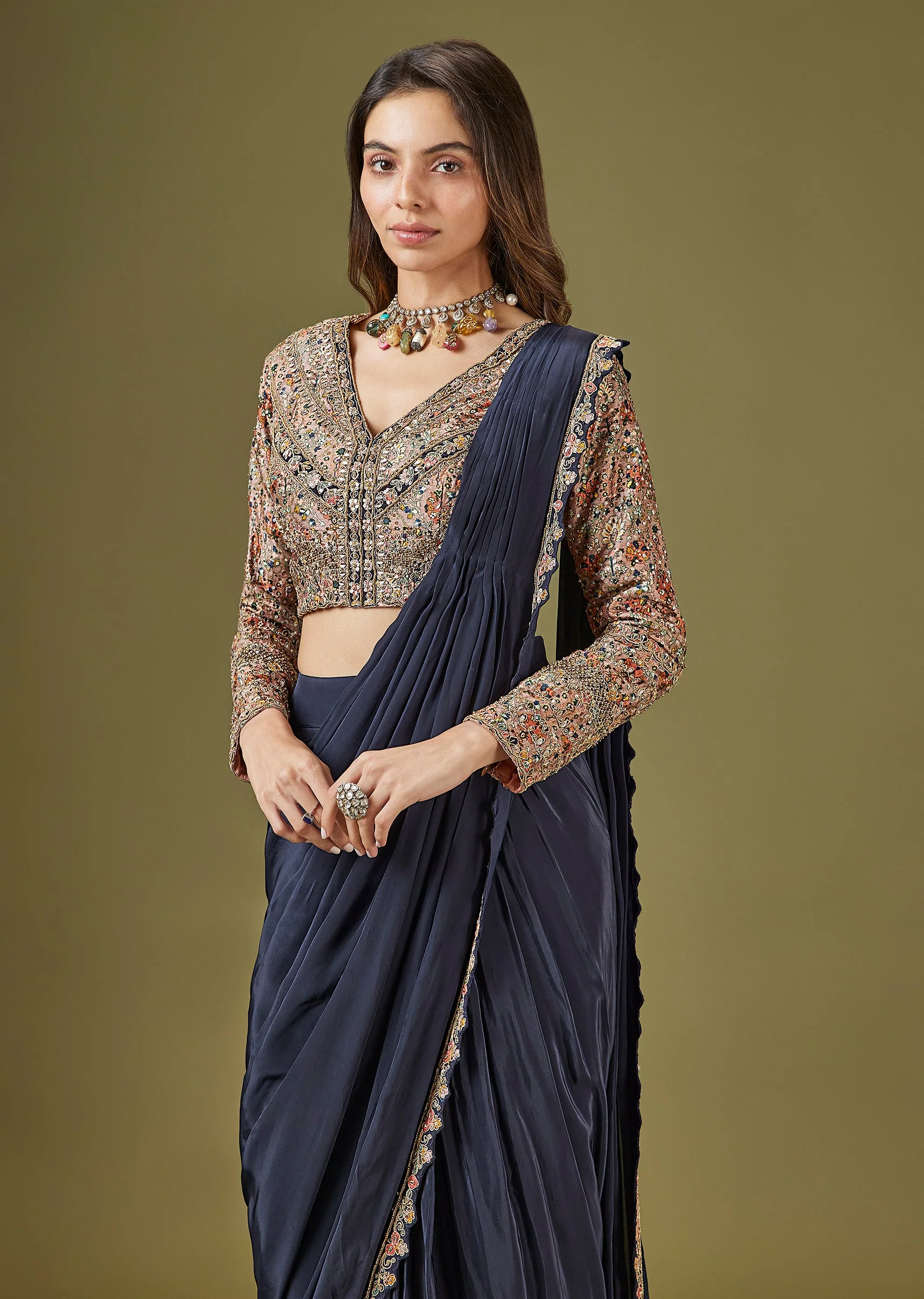 Navy Blue Printed Ready Pleated Saree With Embellished Blouse - Image 4