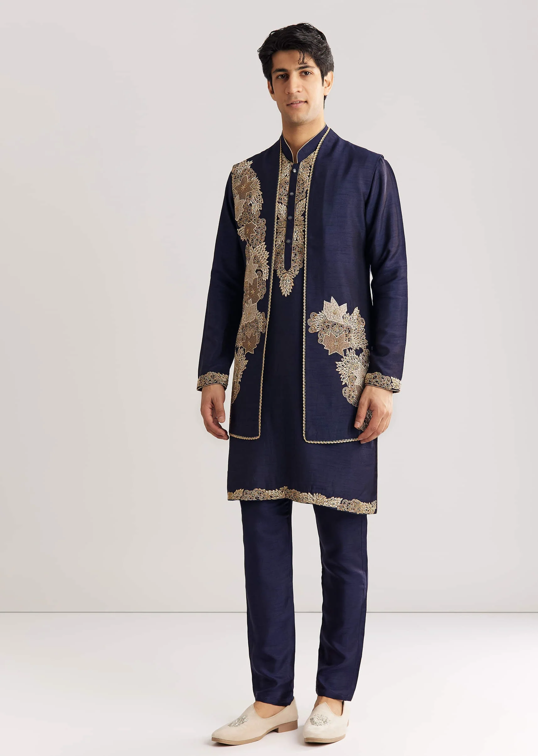 Navy Blue Rawsilk Jacket Kurta Set With Floral Beaded And Threadwork - Image 5