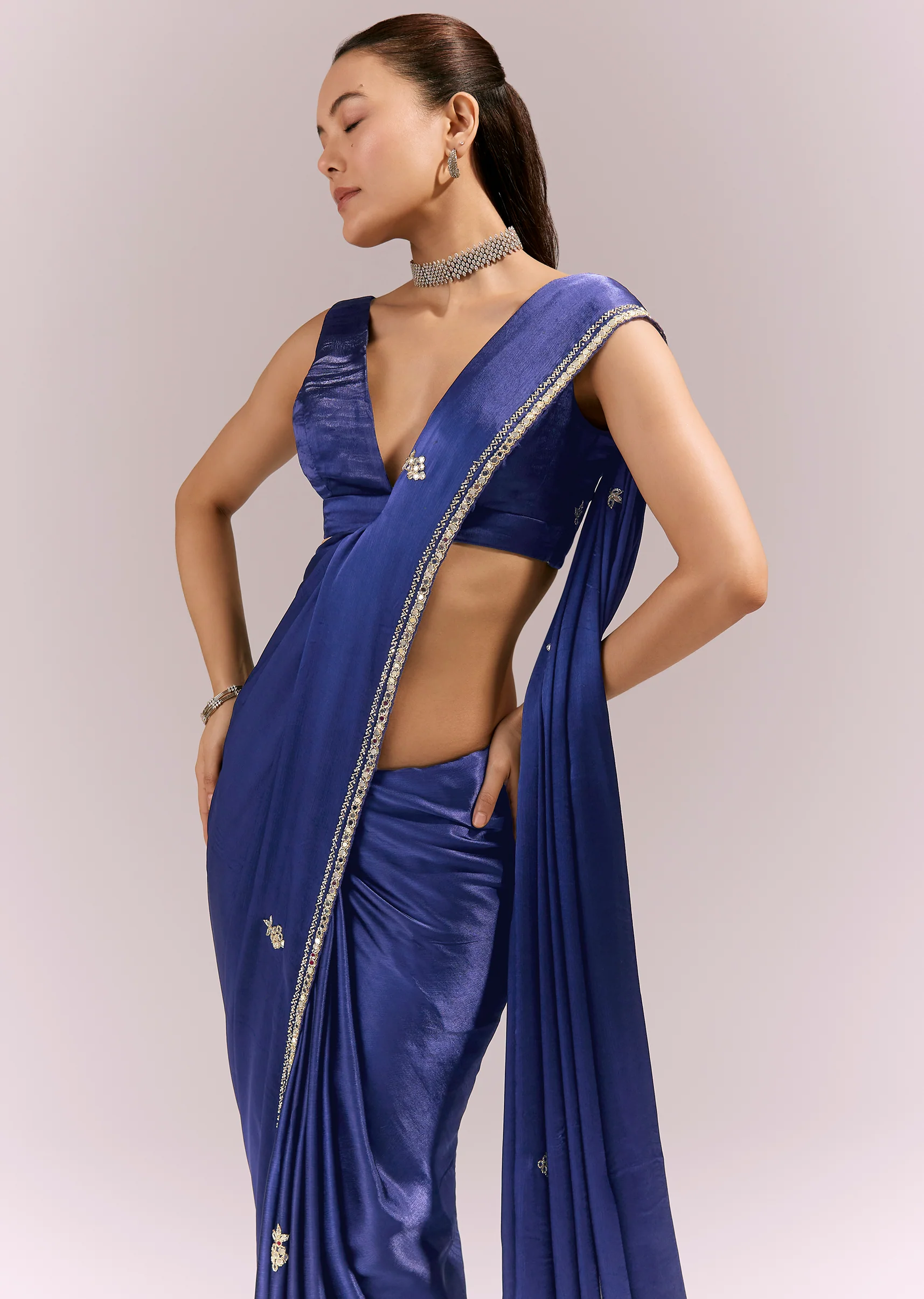 Navy Blue Satin Chinon Saree With Mirror And Bead Embroidered Border - Image 5
