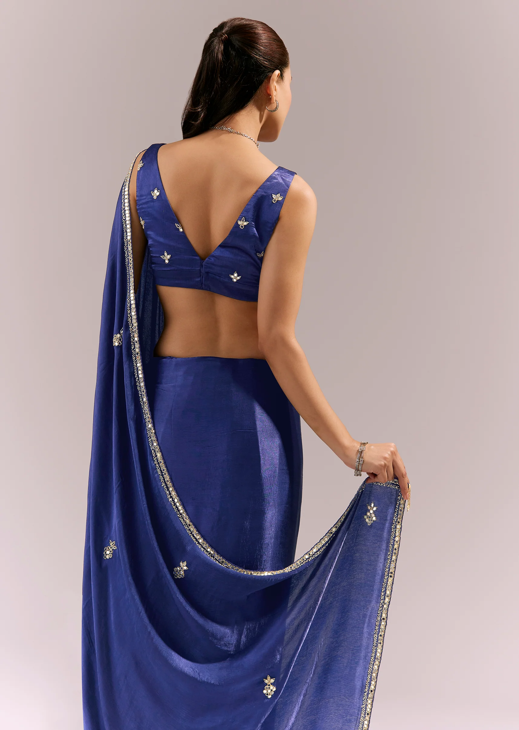 Navy Blue Satin Chinon Saree With Mirror And Bead Embroidered Border - Image 6