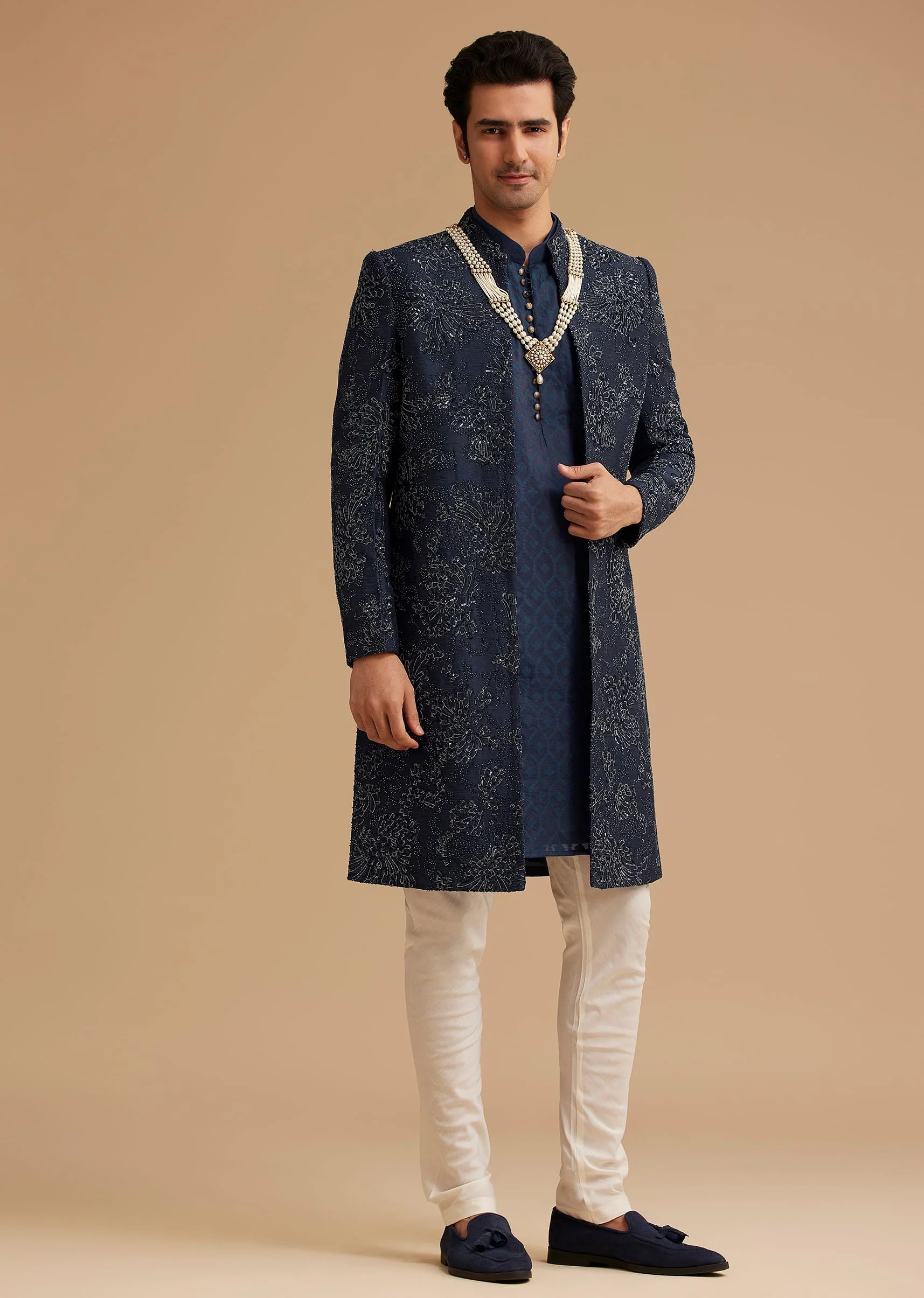 Navy Blue Silk Open Sherwani With Zardosi Embroidery - Image 3