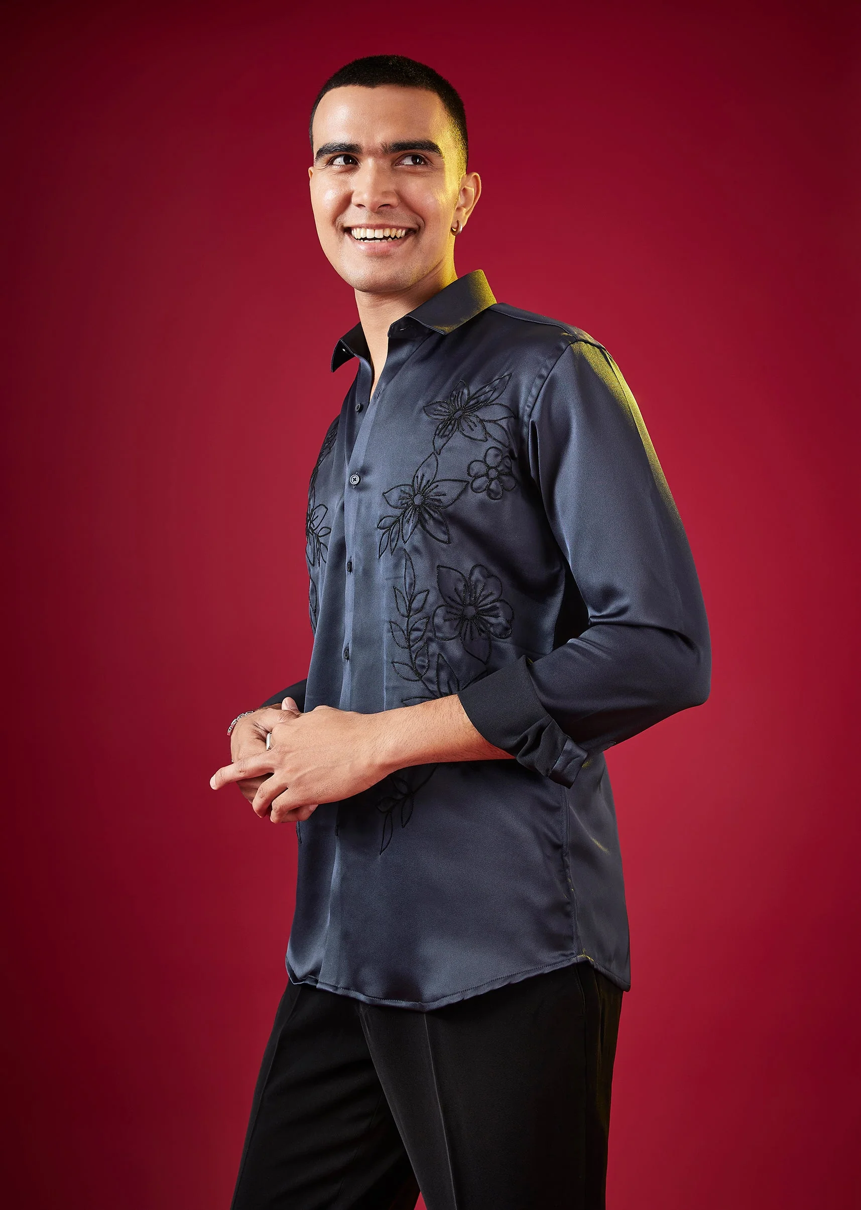 Navy Blue Thread Resham Embellished Mens Shirt - Image 3
