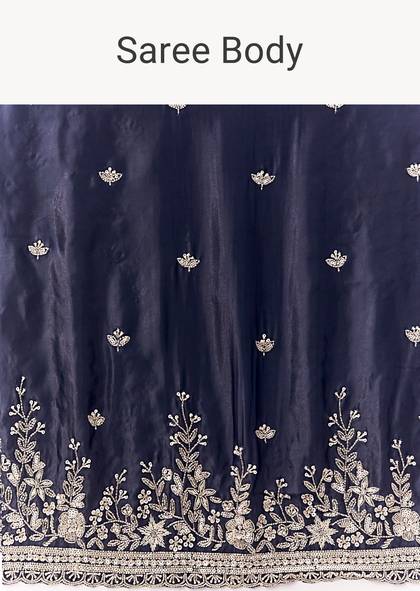Navy Blue Tissue Silk Saree With Heavy Floral Embroidered Butti Border - Image 9