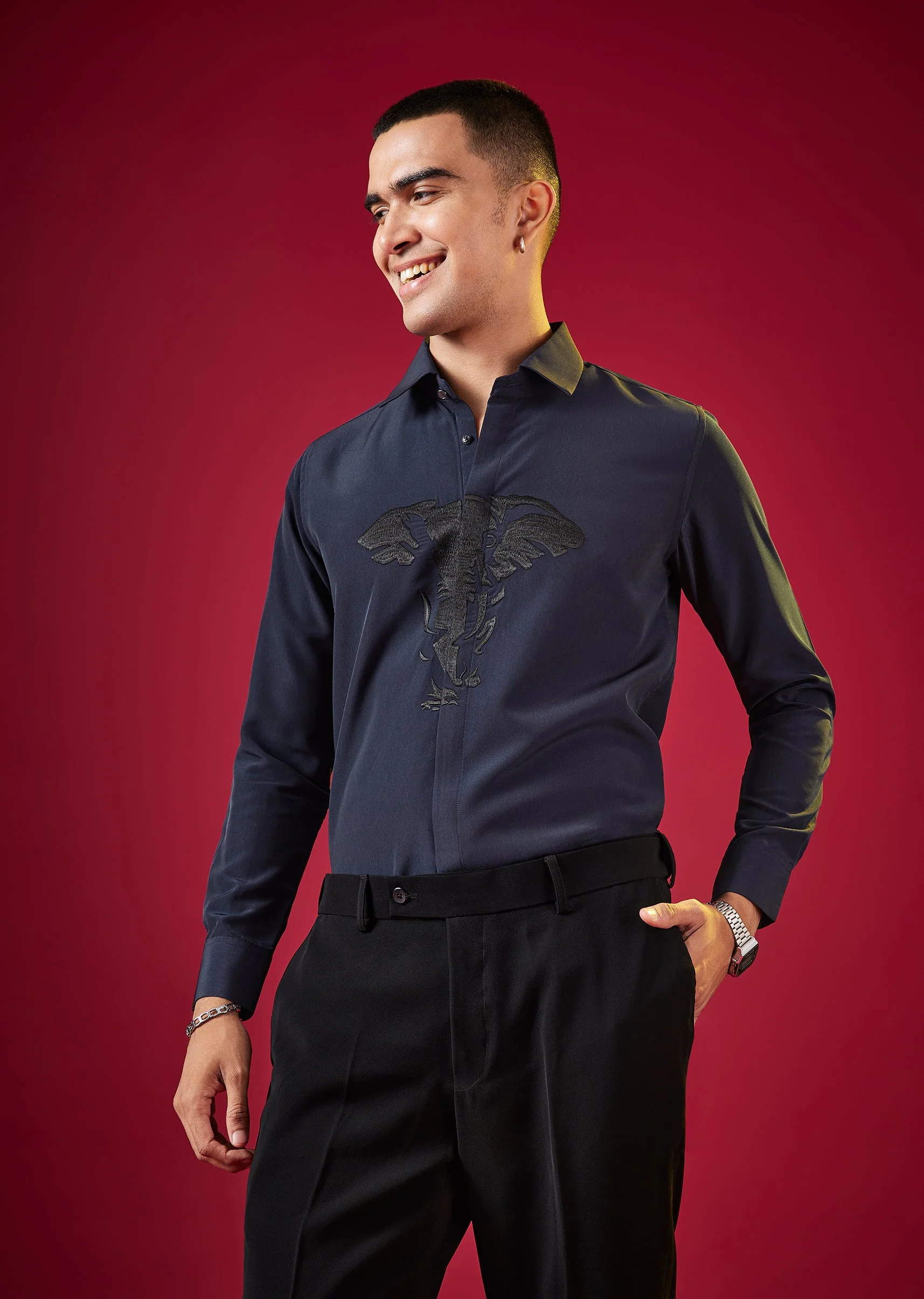 Navy Blue Viscose Thread Resham Embroidered Mens Shirt - Image 3