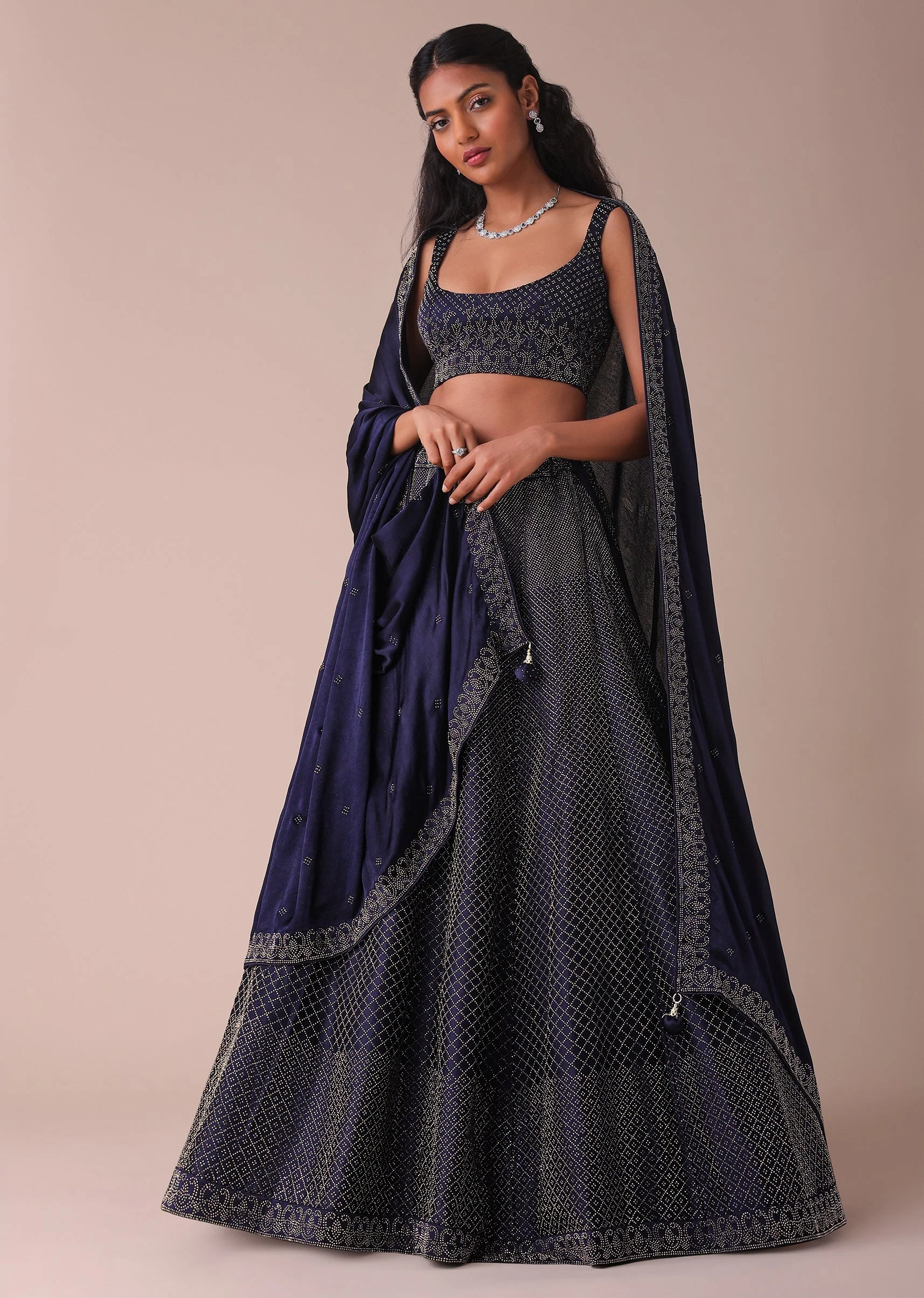 Navy Blue Wrinkle Satin Lehenga With Swarovski Crystals - Image 4