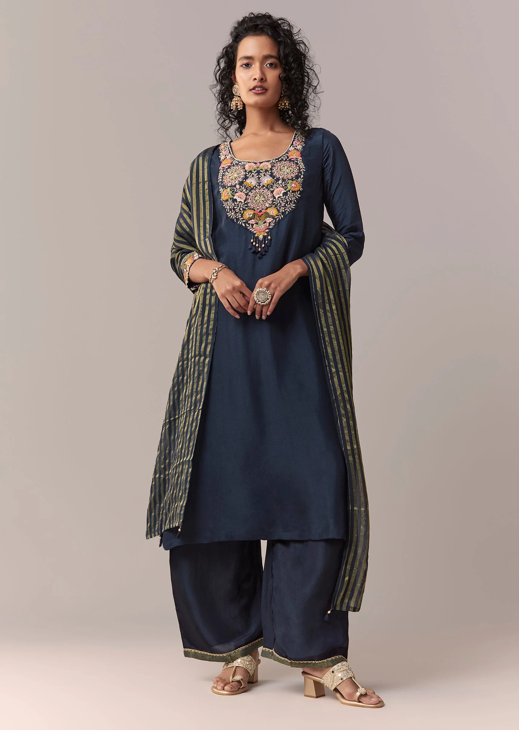 Navy Blue Zardosi And Thread Palazzo Set With Dupatta