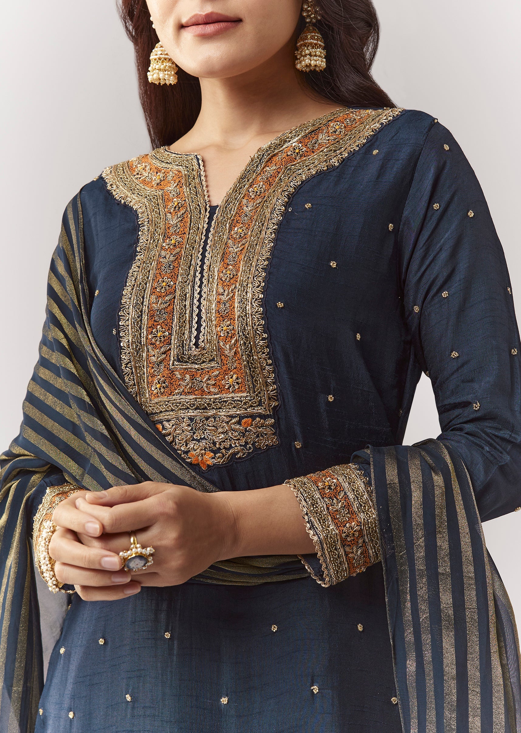 Navy Zardosi Kurta Sharara Set With Organza Dupatta - Image 2