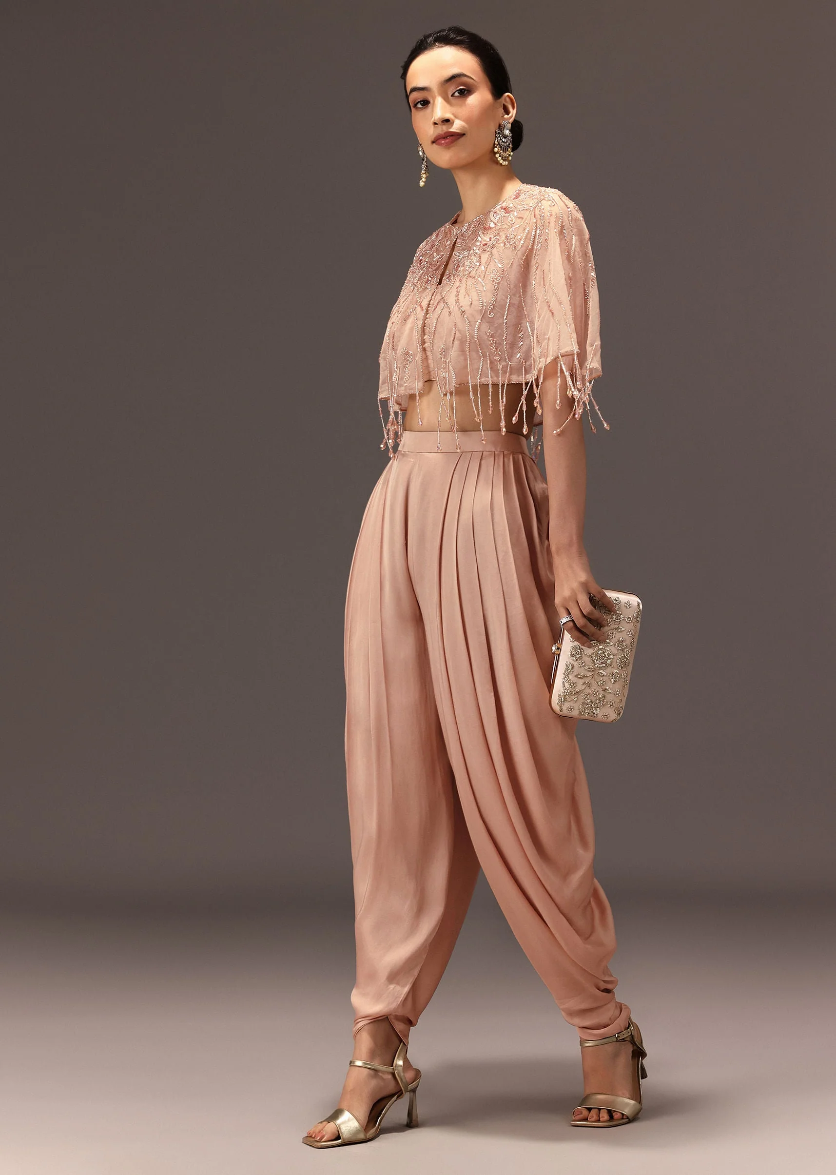 Nude Pleated Blouse With Tassel Cape And Dhoti Pants - Image 5