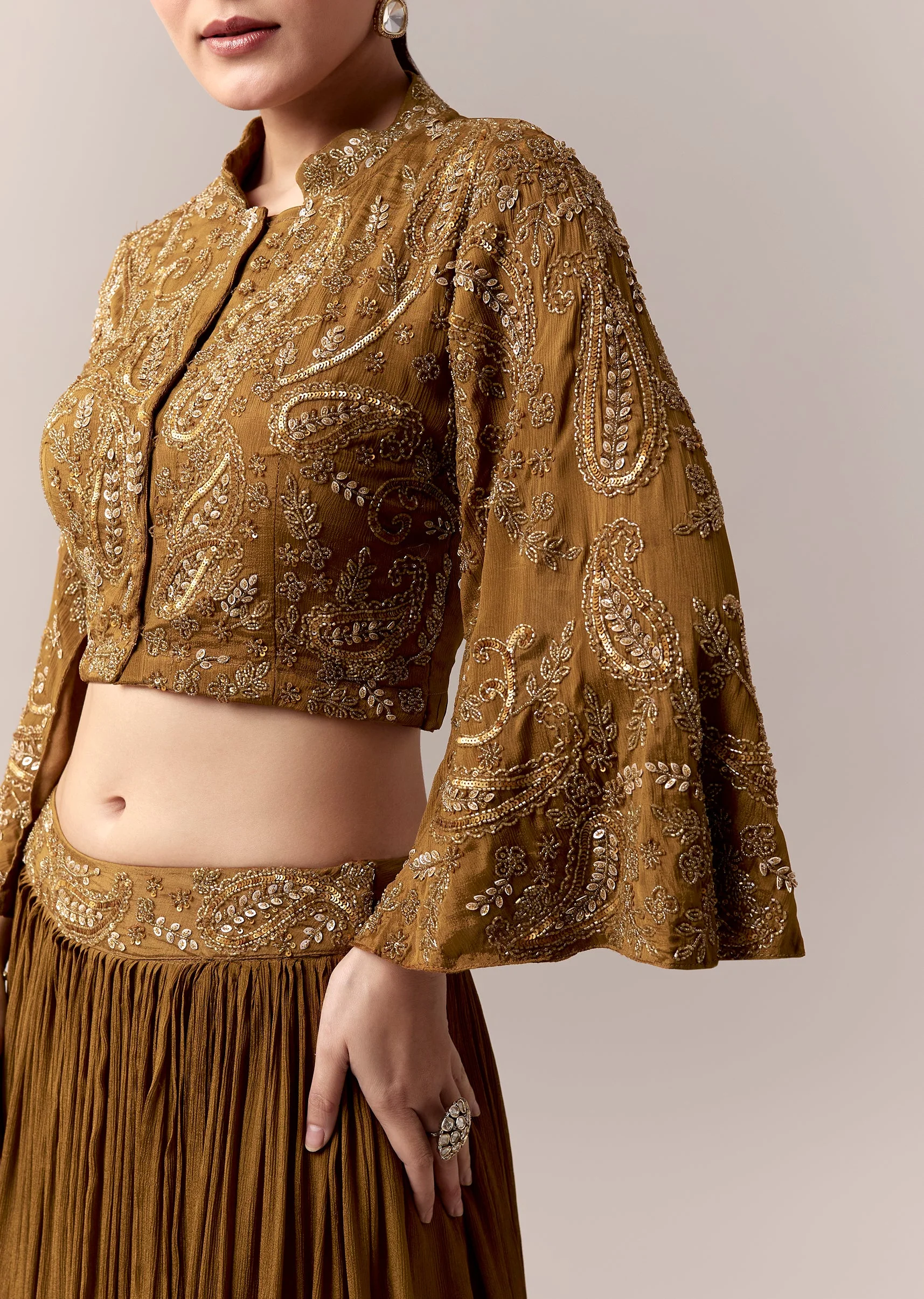 Ochre Yellow Crop Top Skirt Indo Western With Cut Dana Sequins Work - Image 2