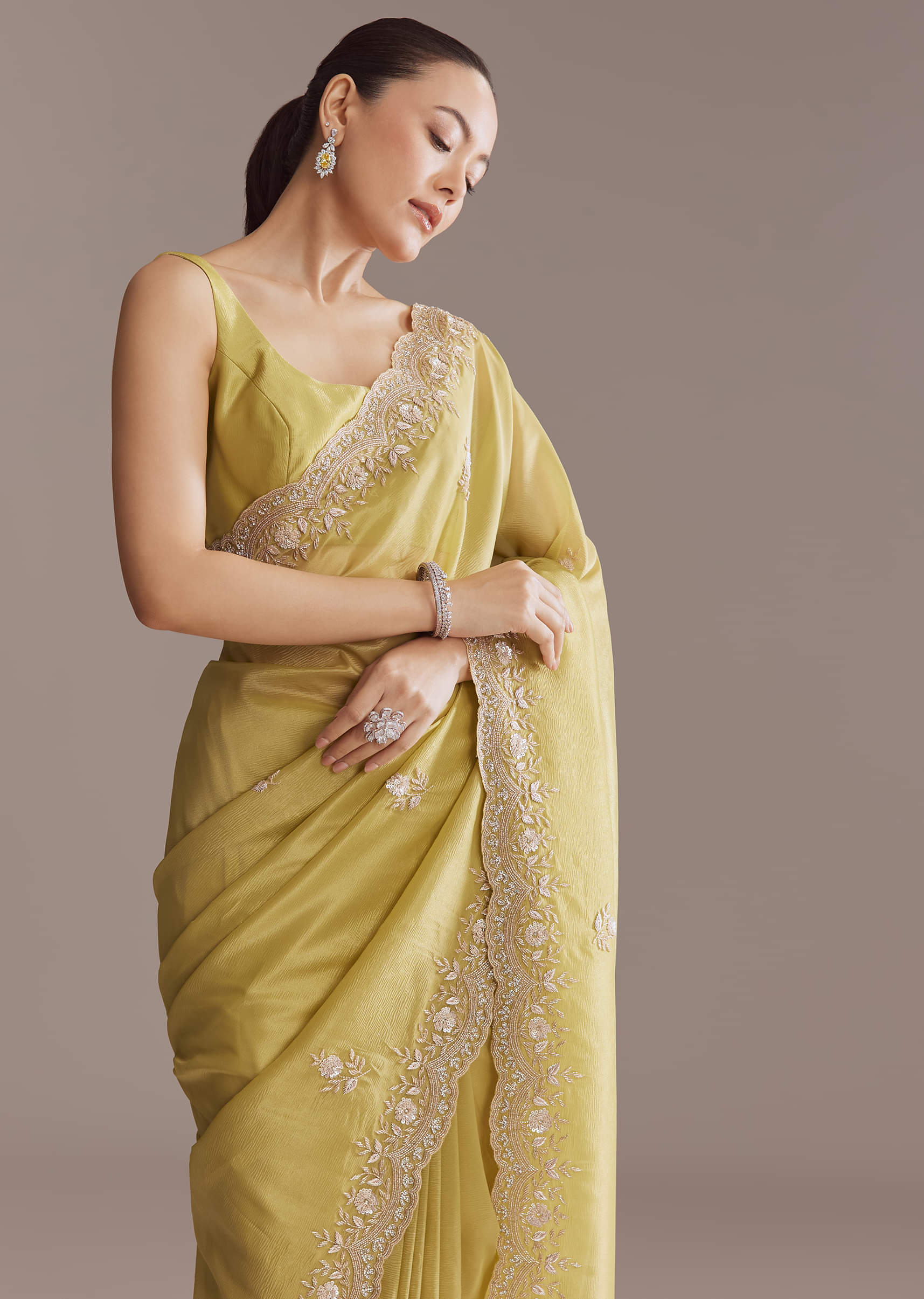 Ochre Yellow Tissue Saree With Zardosi And Stone Embroidery - Image 4