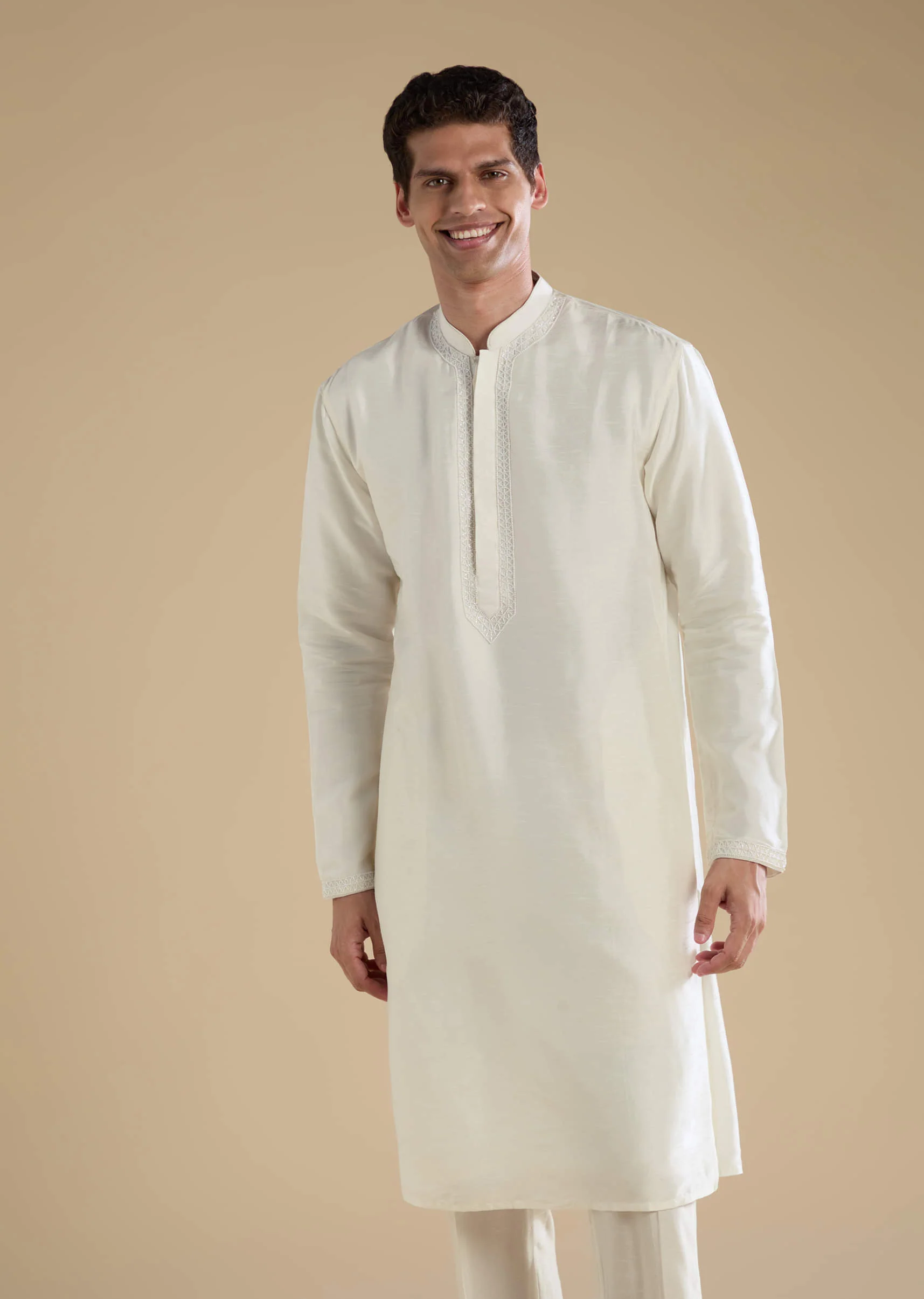 Off White Banarasi Silk Jacket Kurta Set with Cutdana Work - Image 6