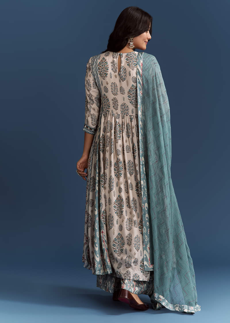 Off White Blue Muslin Anarkali With Print Detail - Image 5
