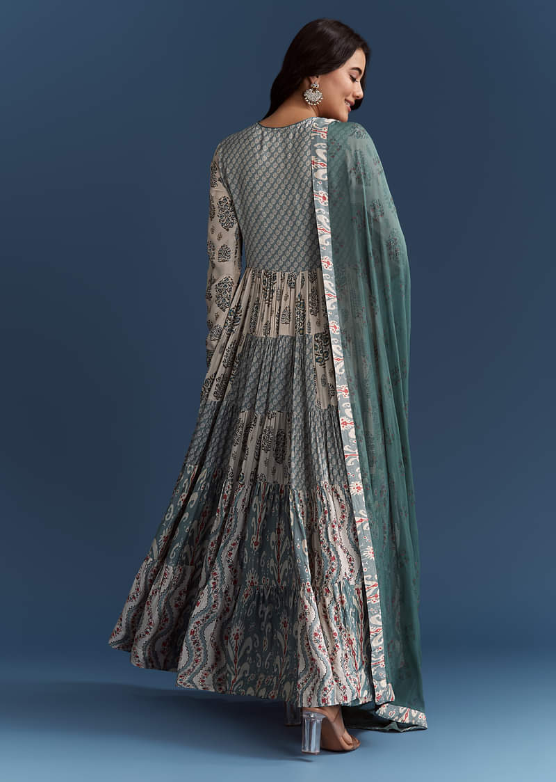 Off White Blue Printed Muslin Anarkali With Dupatta - Image 5