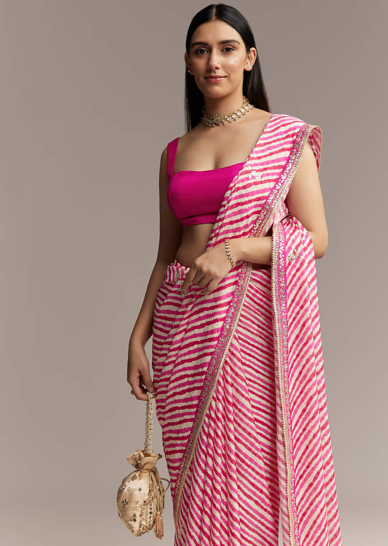 Off White Chinnon Saree With Pink Striped Print And Gota Detailing - Image 5