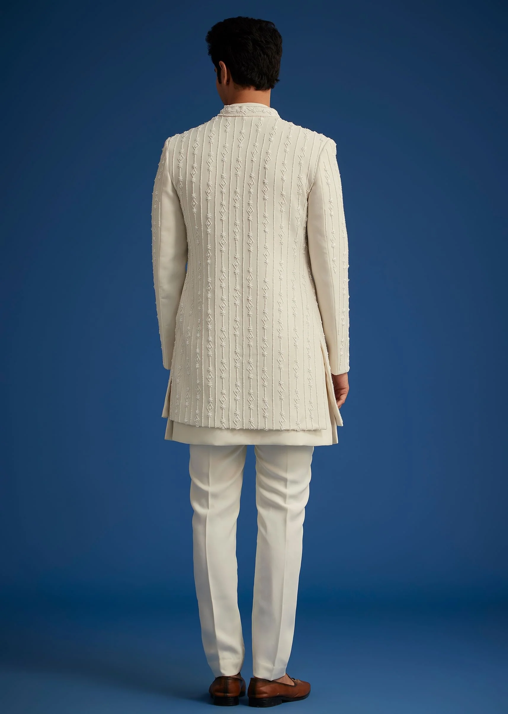 Off White Cotton Satin Sherwani Set With Hand Embroidered Jacket - Image 5