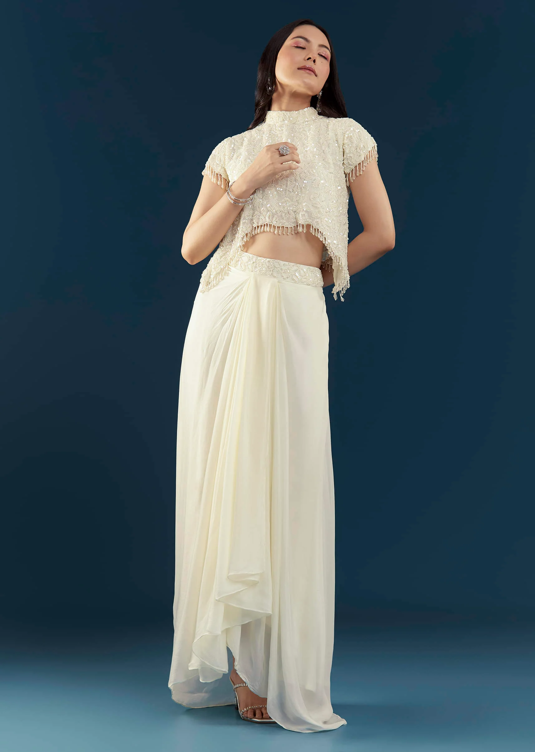 Off White Embellished Crop Top and Skirt Set - Image 3