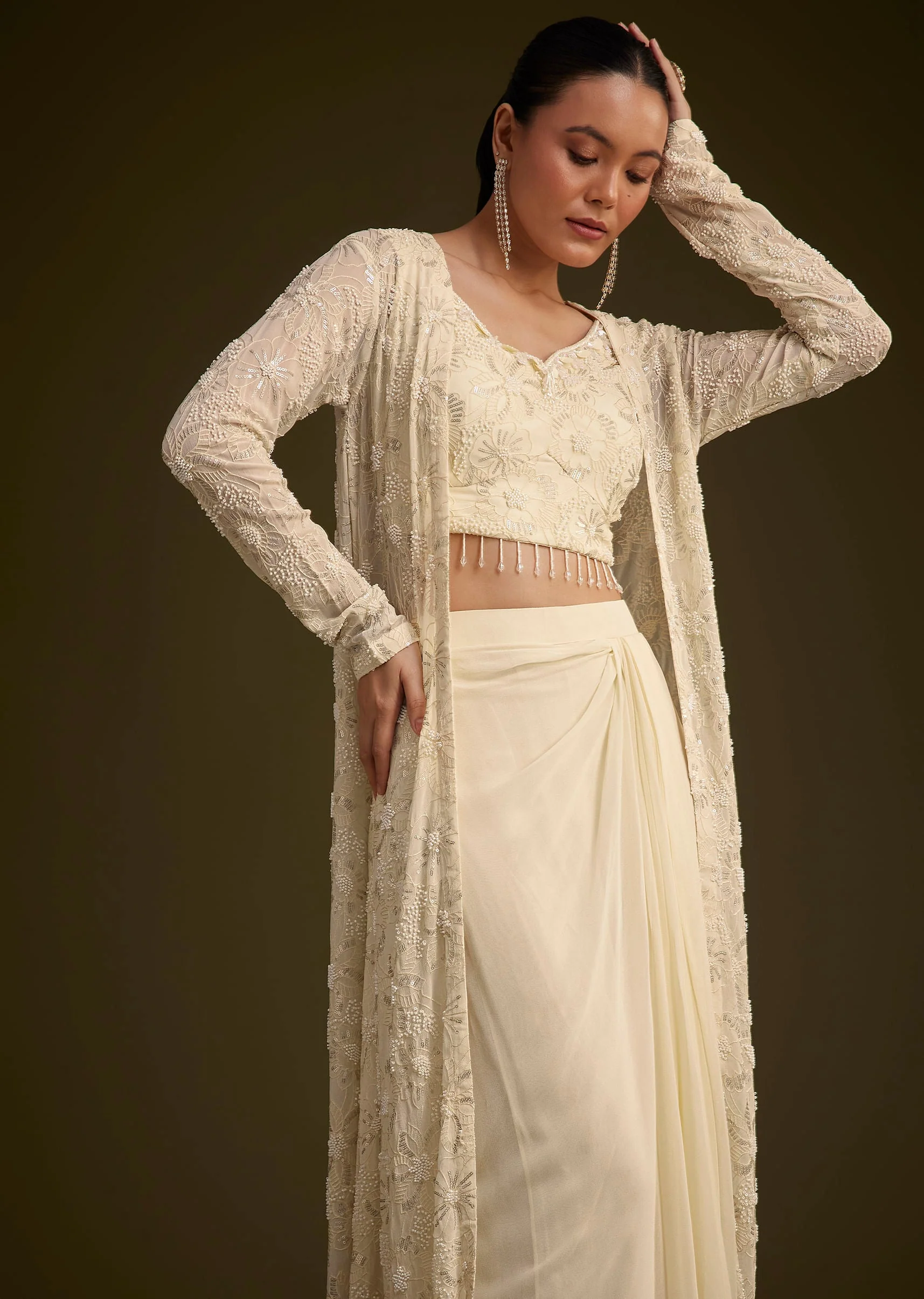 Off White Embroidered Croptop Skirt And Jacket Set - Image 2