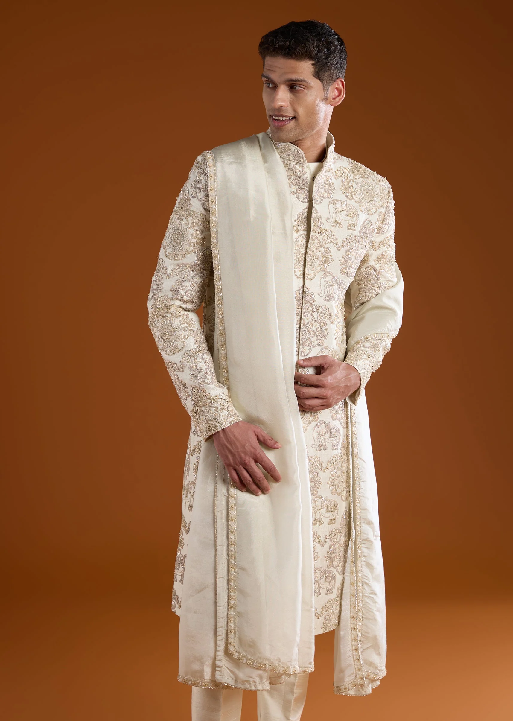Off White Embroidered Silk Sherwani Kurta Set with Dupatta - Image 2