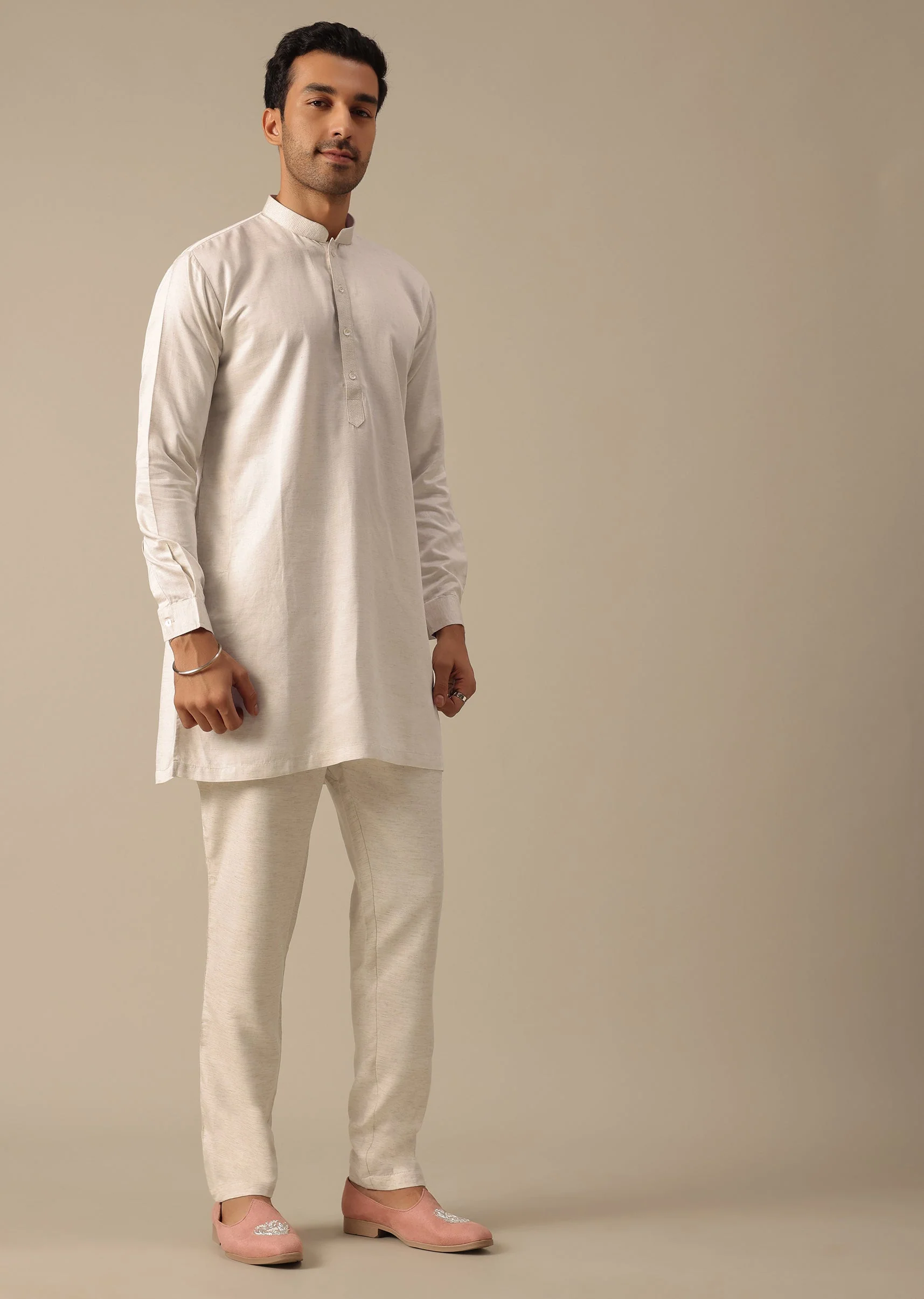 Off White Floral Embroidered Jacket Kurta Set - Image 5