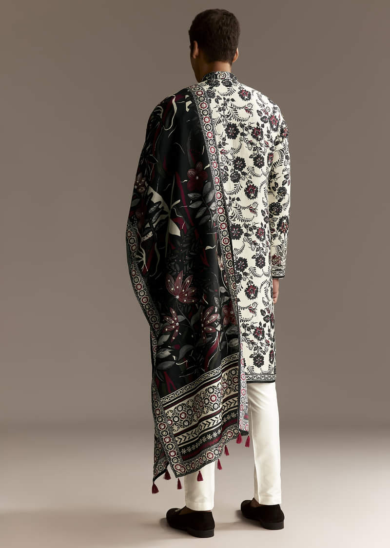 Off White Floral Silk Kurta Set With Dupatta - Image 5