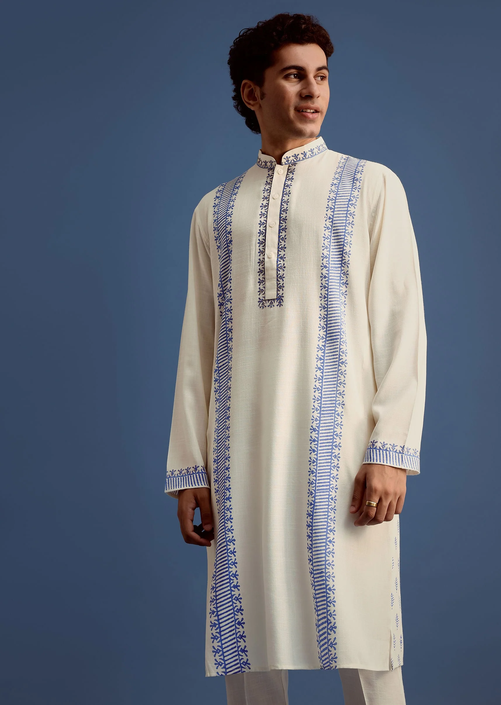 Off White Hand Block Printed Kurta Set - Image 4