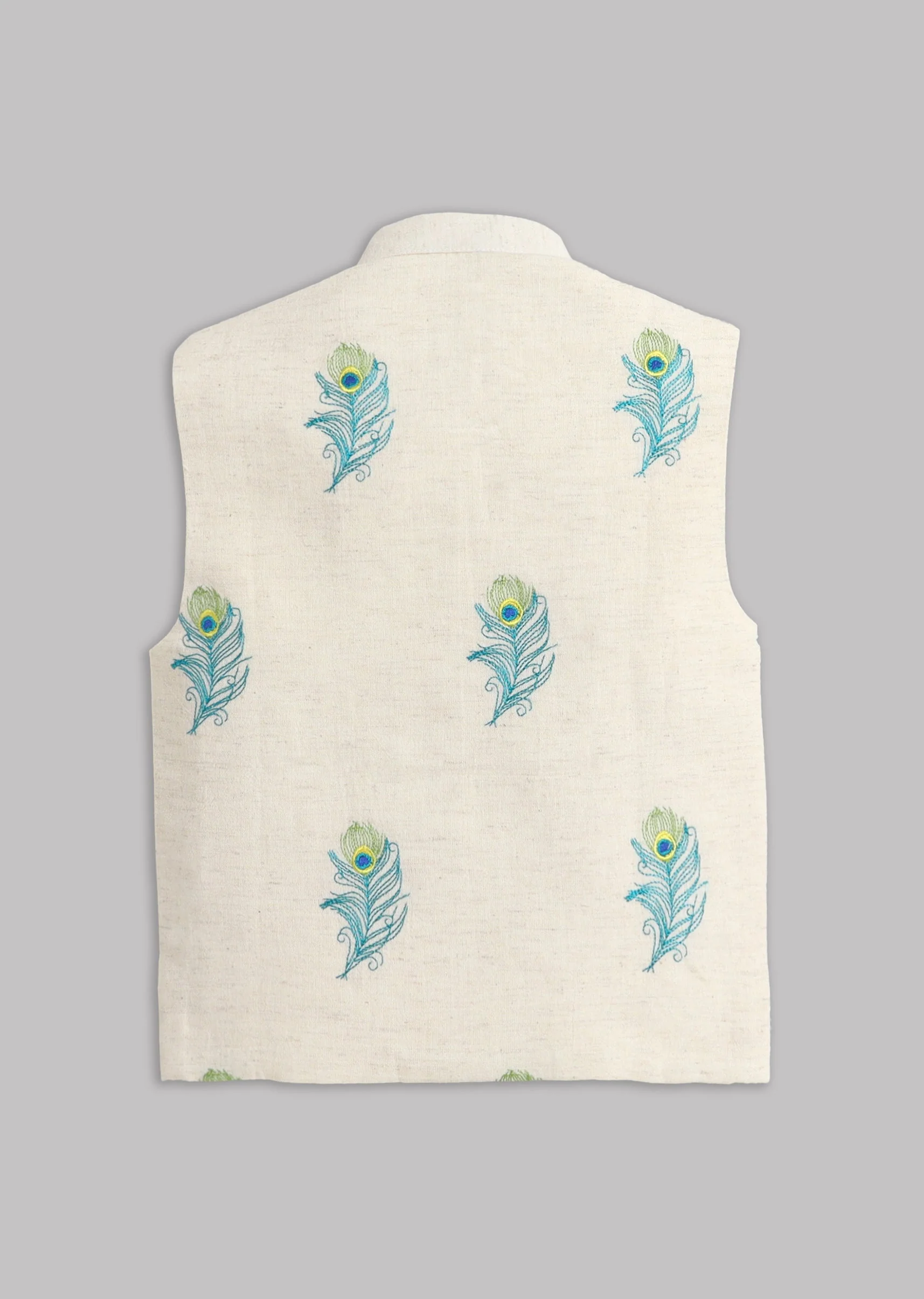 Off White Kurta Pant Set With Peacock Feather Embroidered Jacket - Image 6