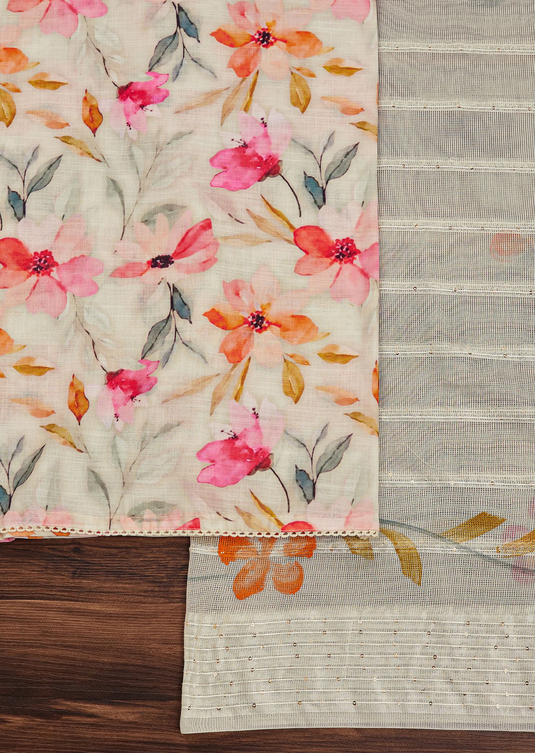 Off White Linen Unstitched Suit Set With Floral Print And Lace Detailing - Image 5