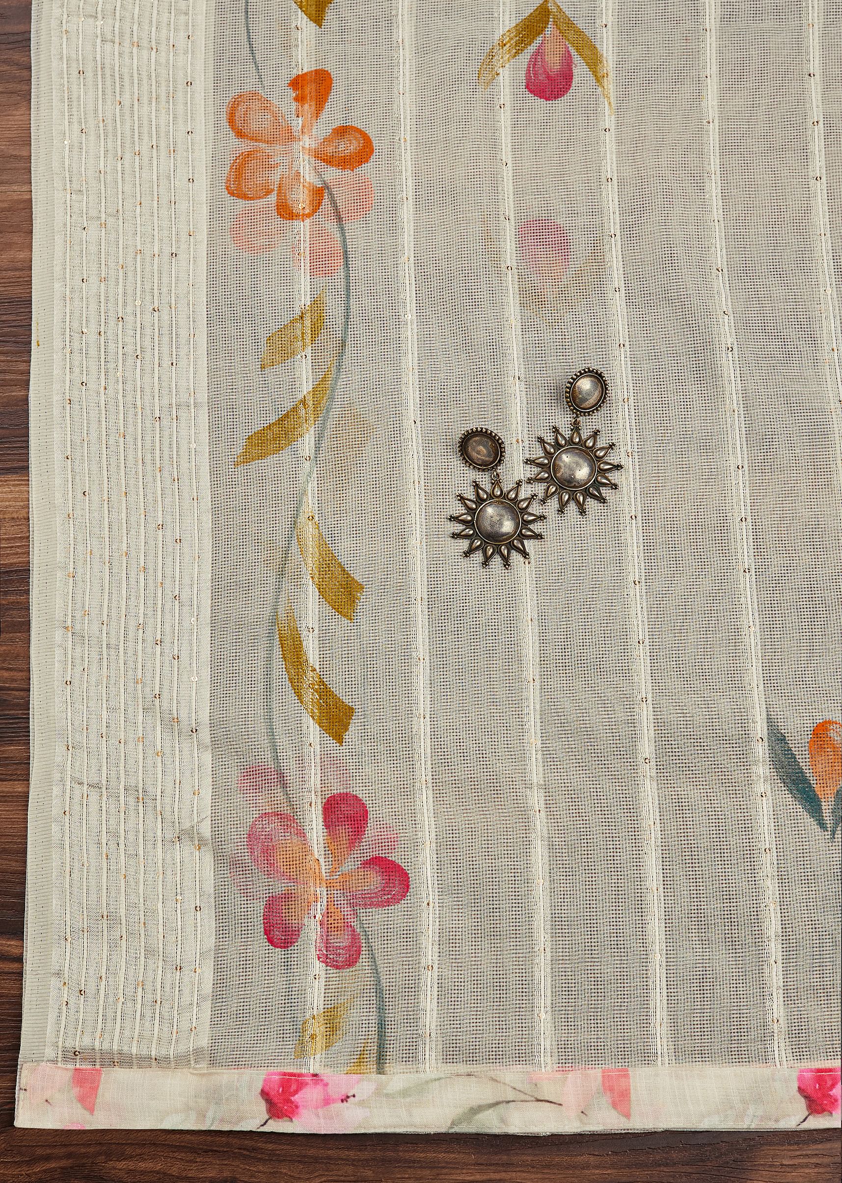 Off White Linen Unstitched Suit Set With Floral Print And Lace Detailing - Image 6