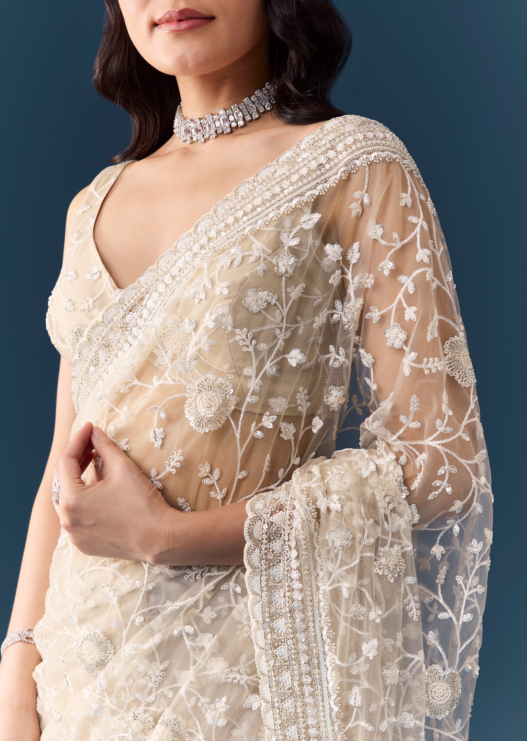 Off White Net Jaal Embellished Saree with Unstitched Blouse - Image 8
