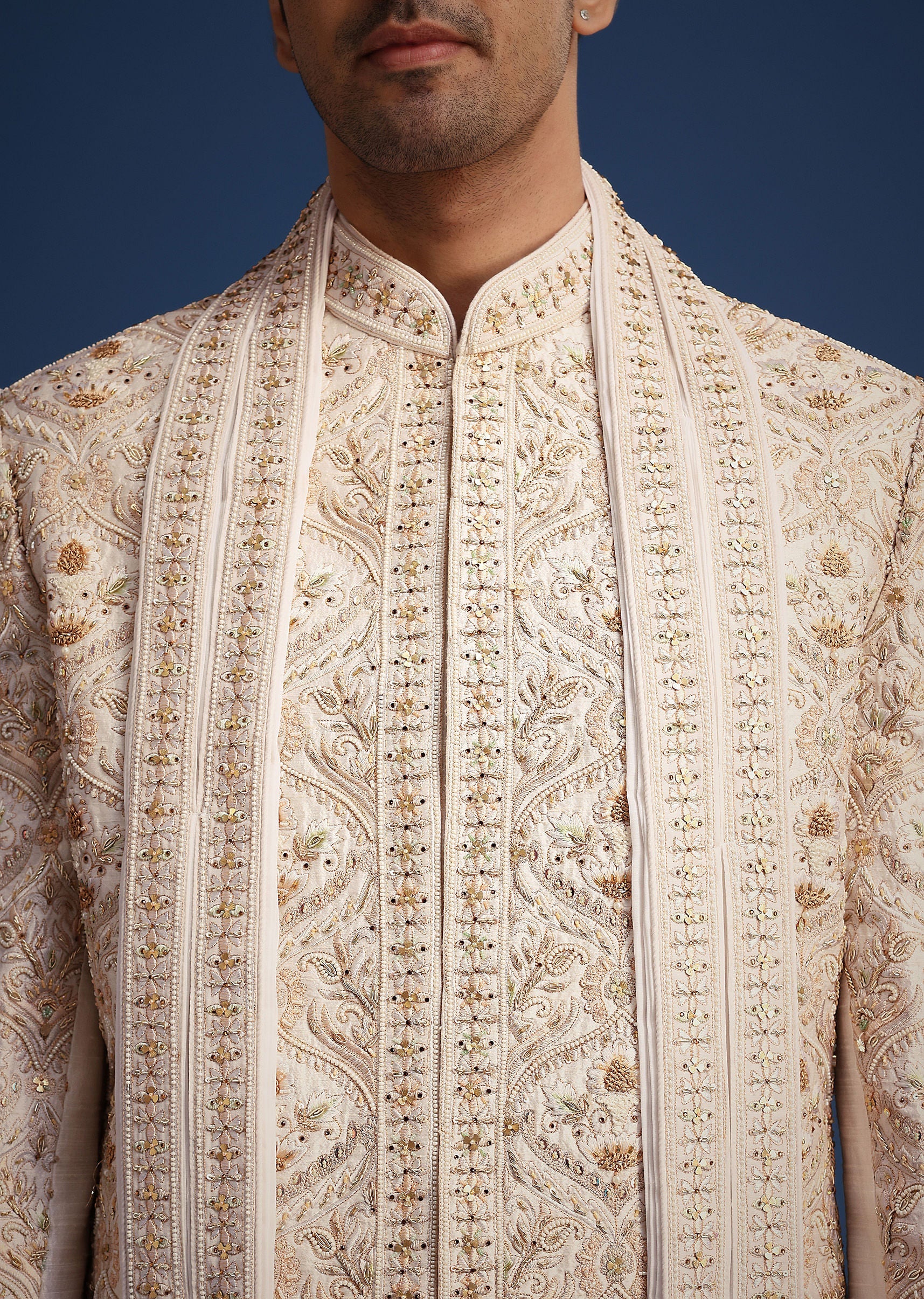 Off White Raw Silk Sherwani Set With Hand Work - Image 2