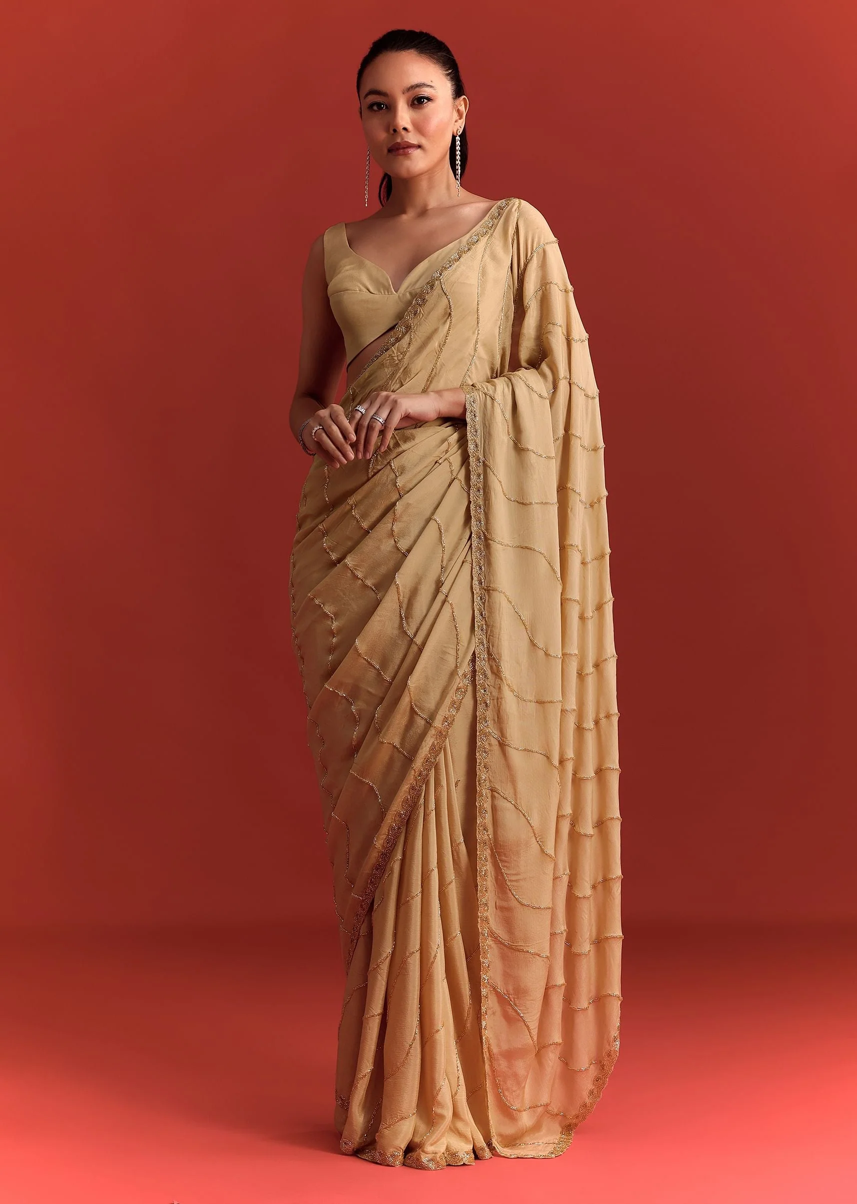 Off White Saree In Chinnon With Cutdana Work - Image 2