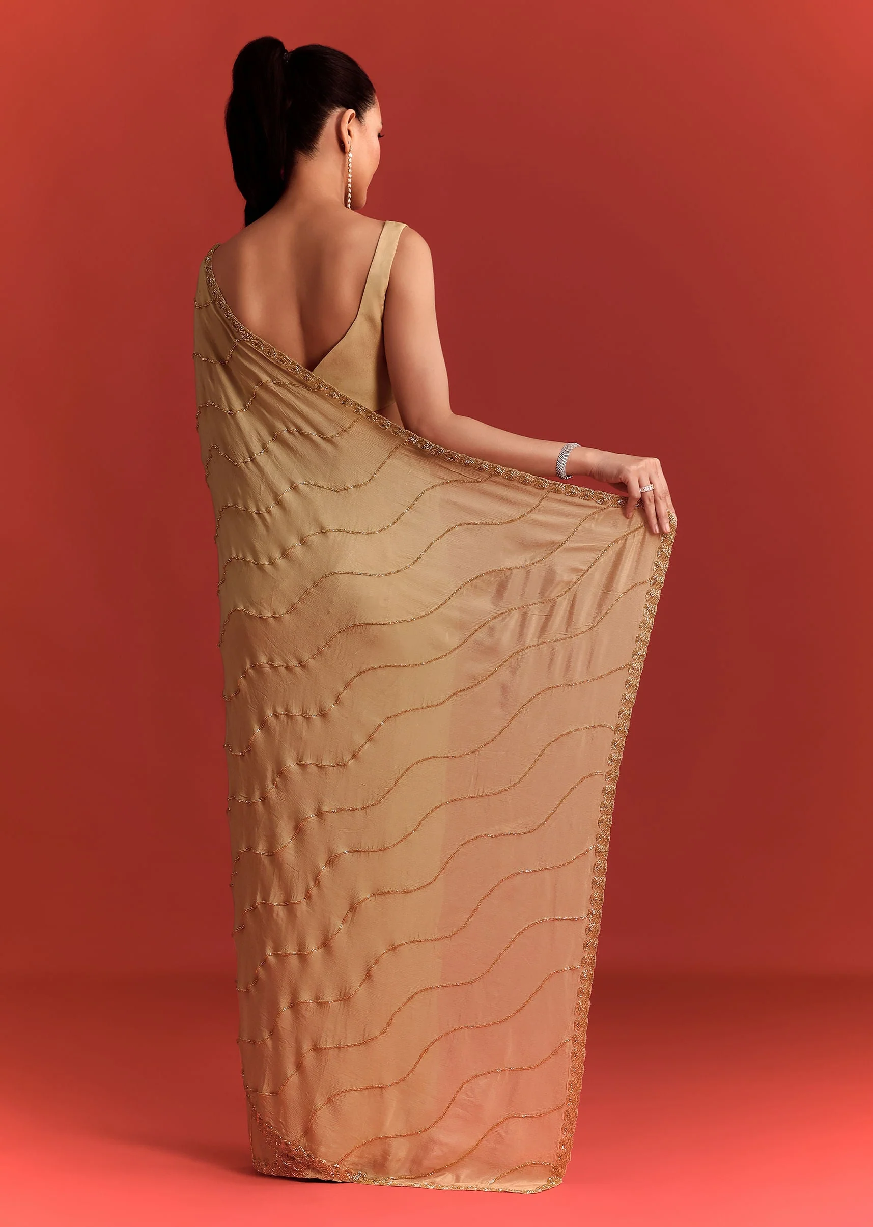 Off White Saree In Chinnon With Cutdana Work - Image 4