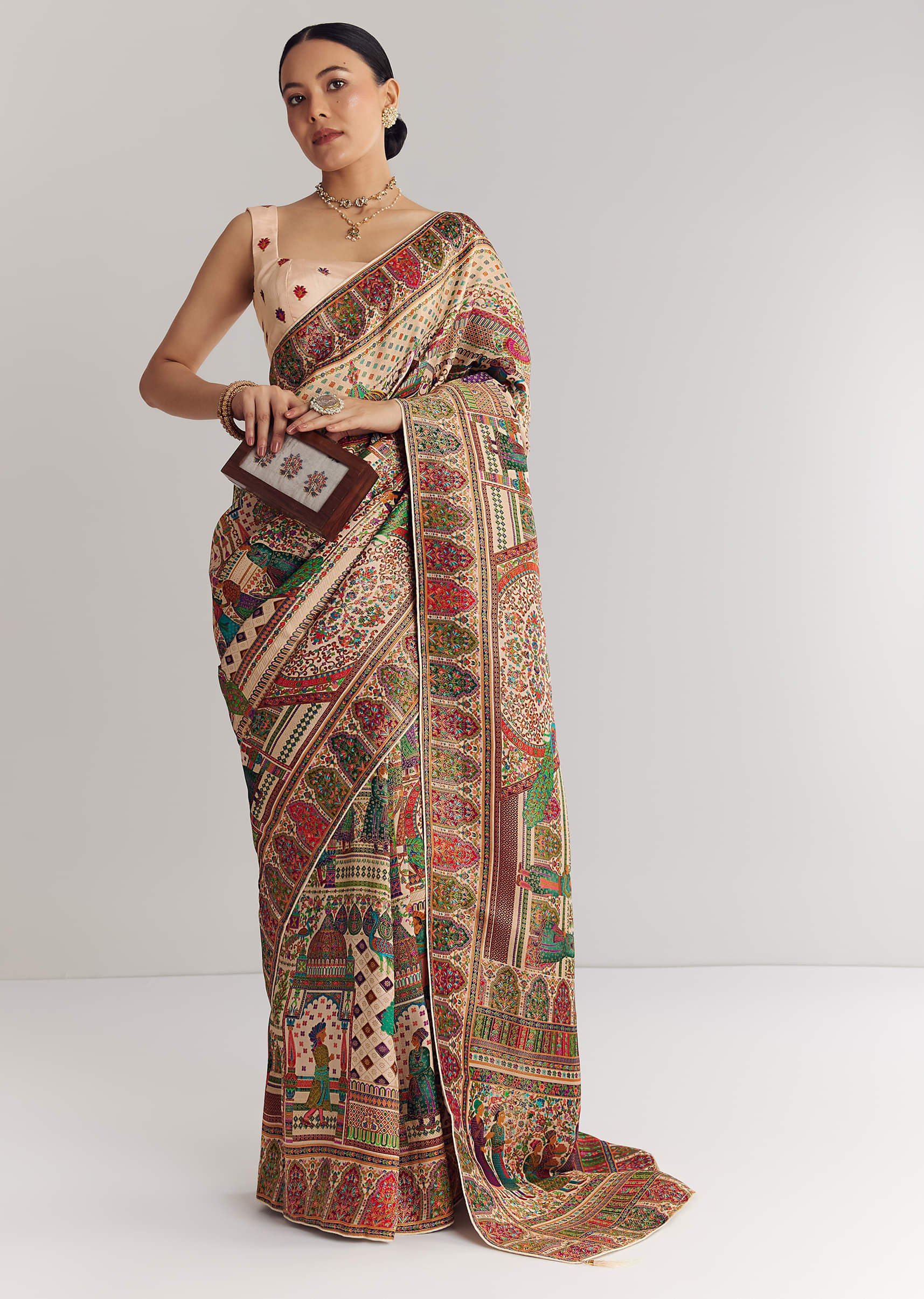 Off White Saree In Natural Traditional Prints - Image 5