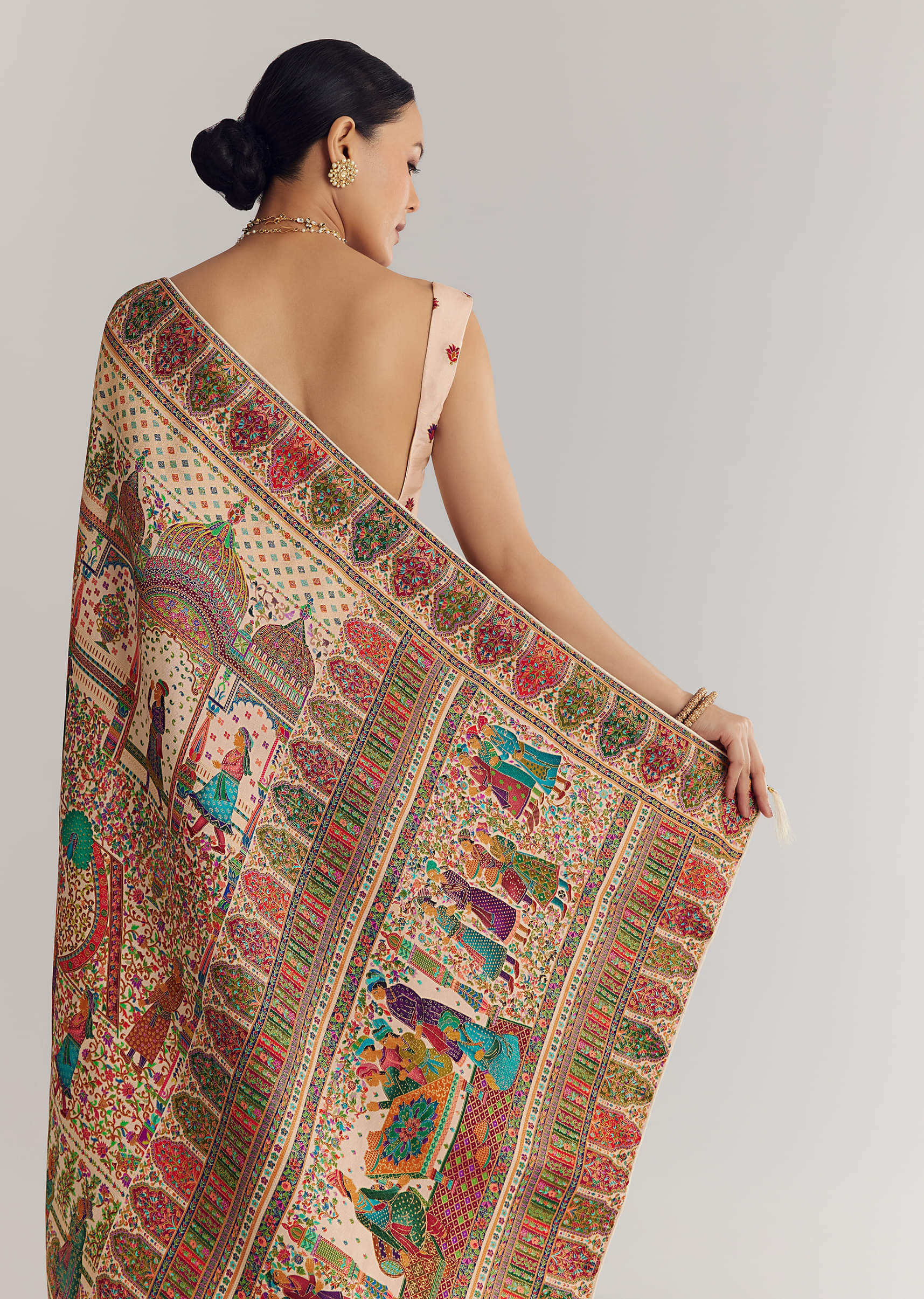 Off White Saree In Natural Traditional Prints - Image 6