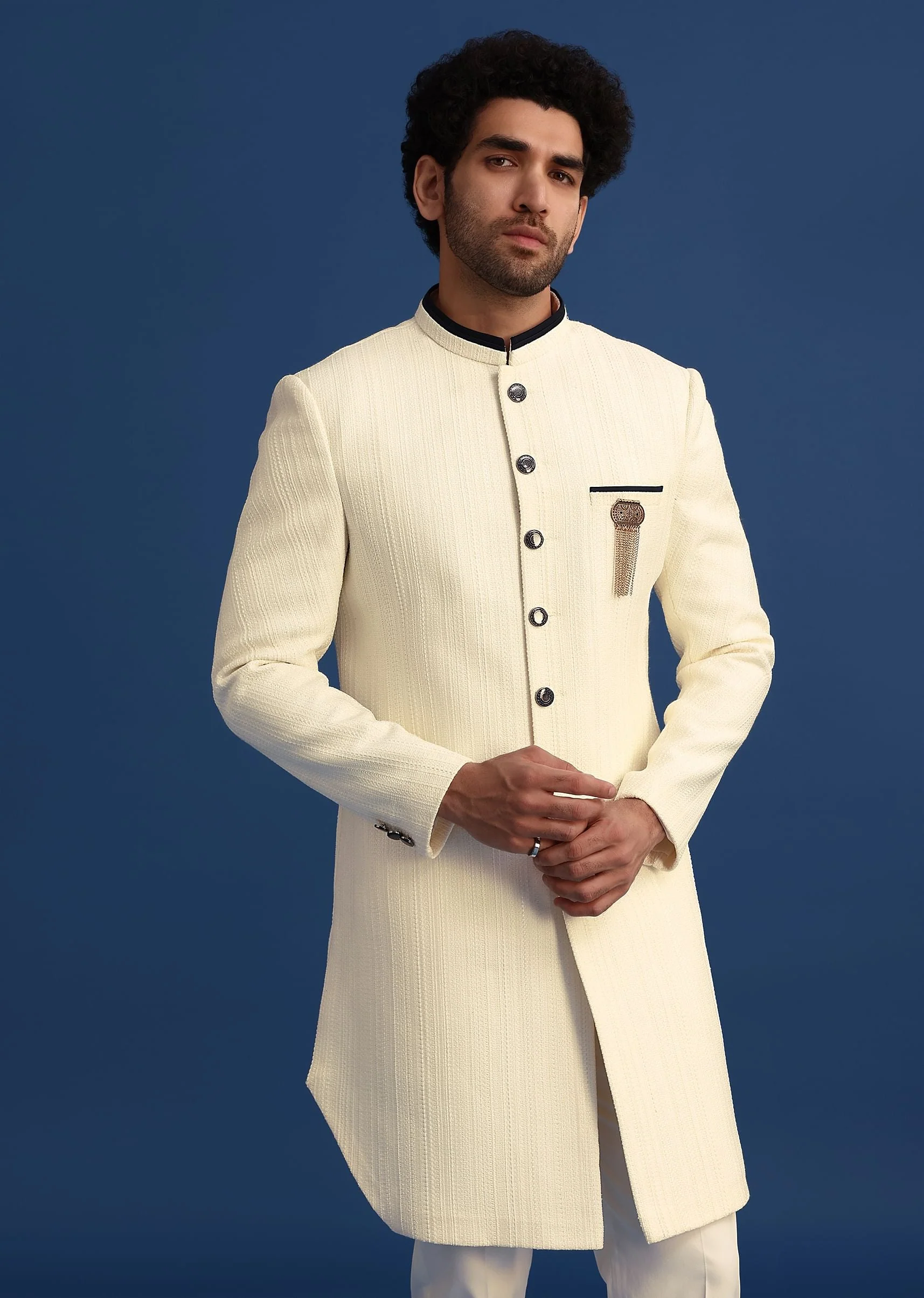 Off White Silk Blend Jodhpuri Set with Textured Detail - Image 3