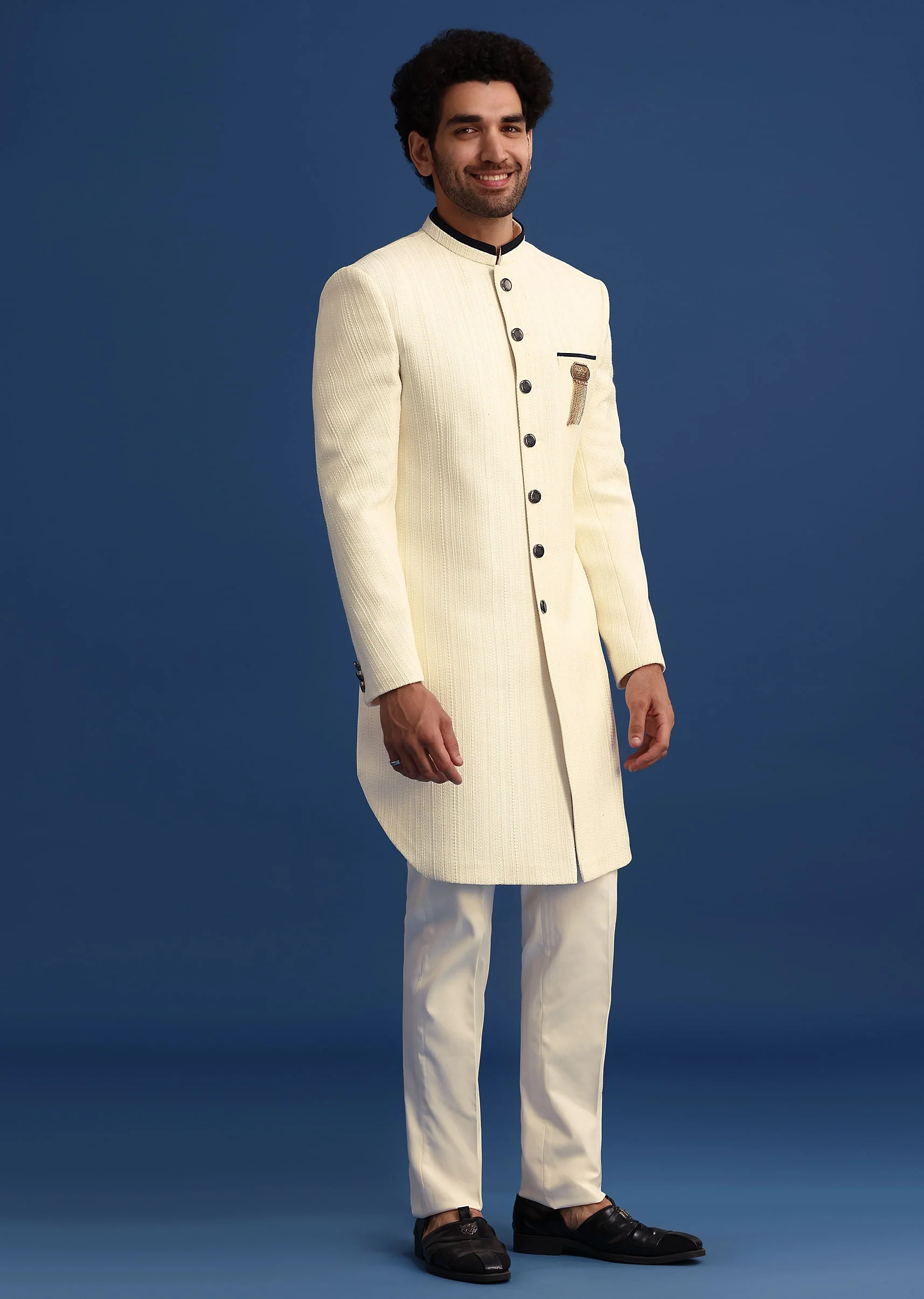 Off White Silk Blend Jodhpuri Set with Textured Detail - Image 4