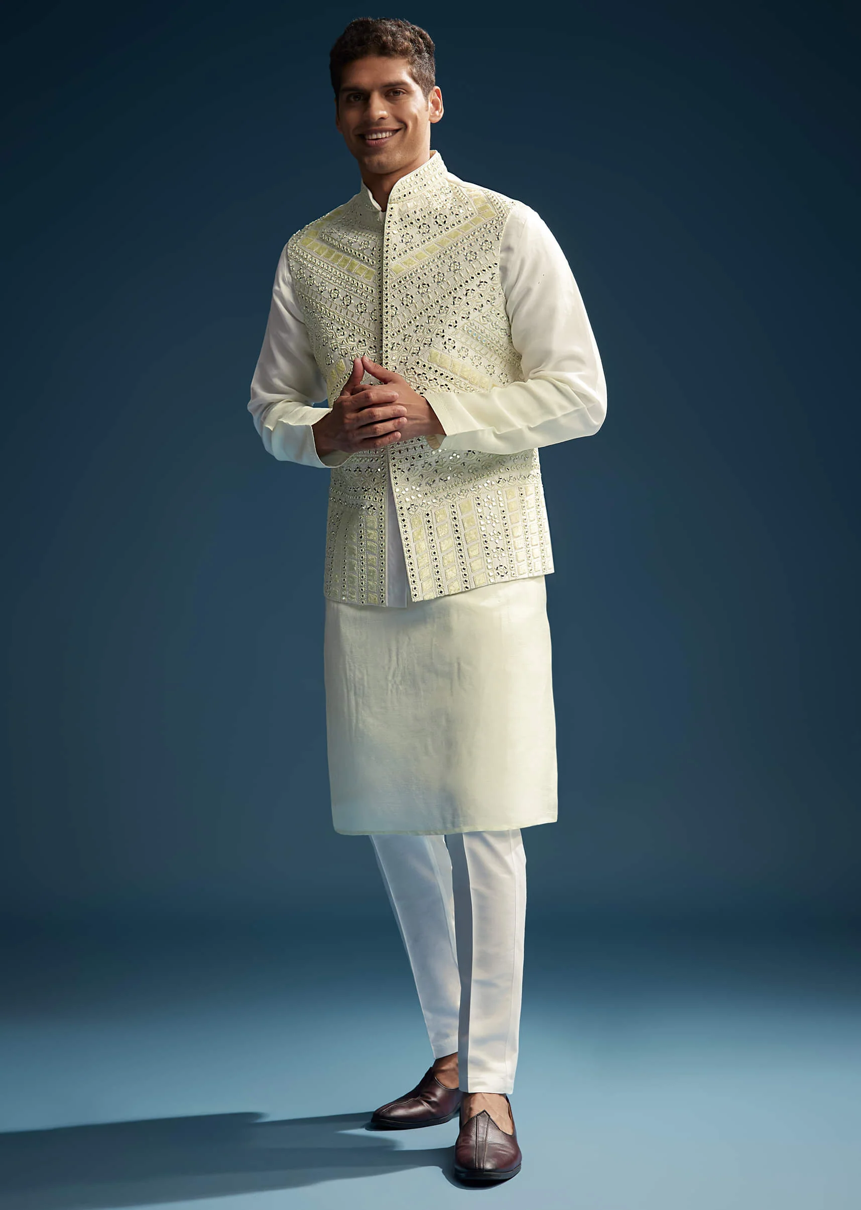 Off White Silk Kurta Jacket Set For Men With Mirror Embroidery - Image 2