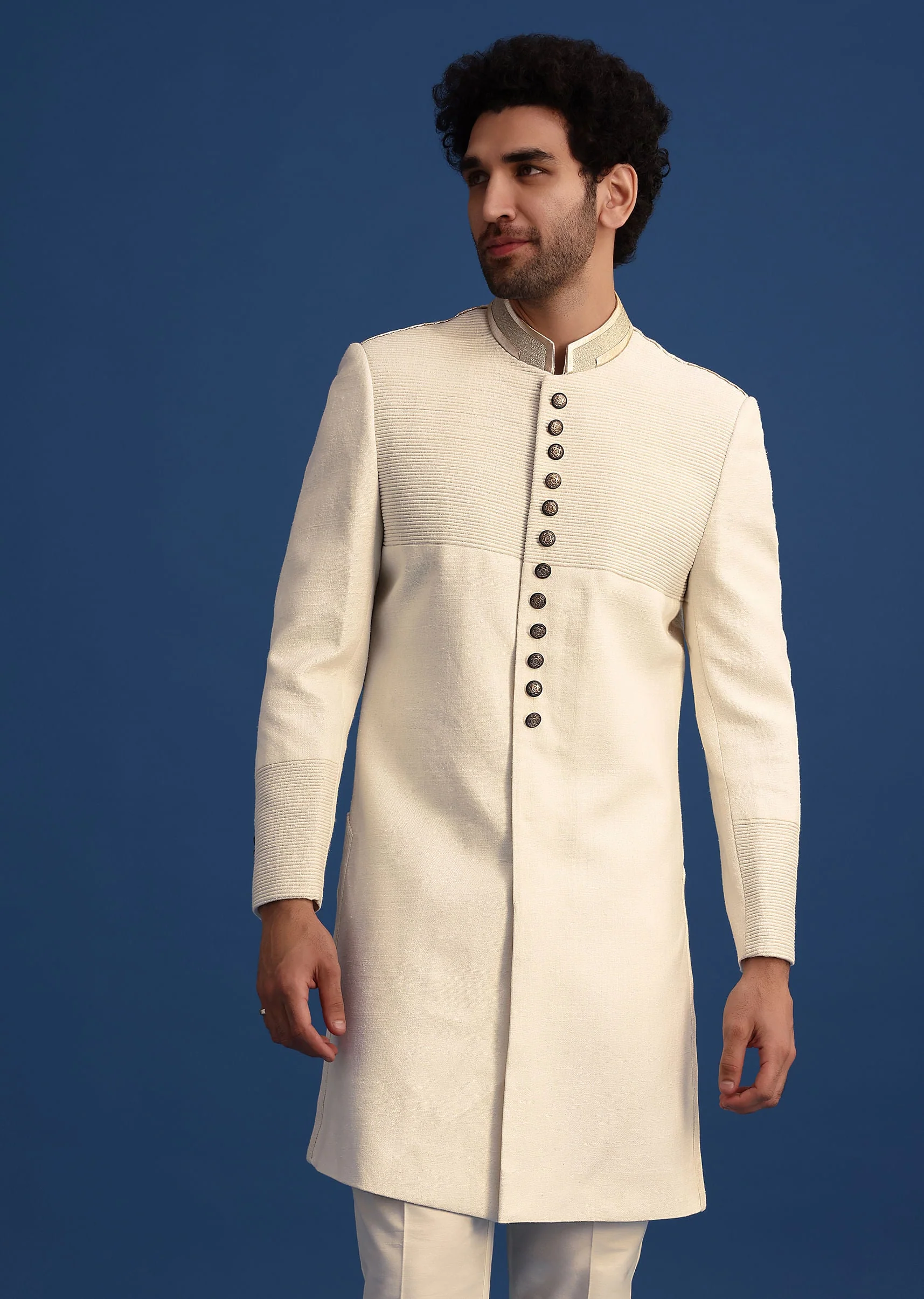 Off White Silk Sherwani Set With Zari Embroidery - Image 4