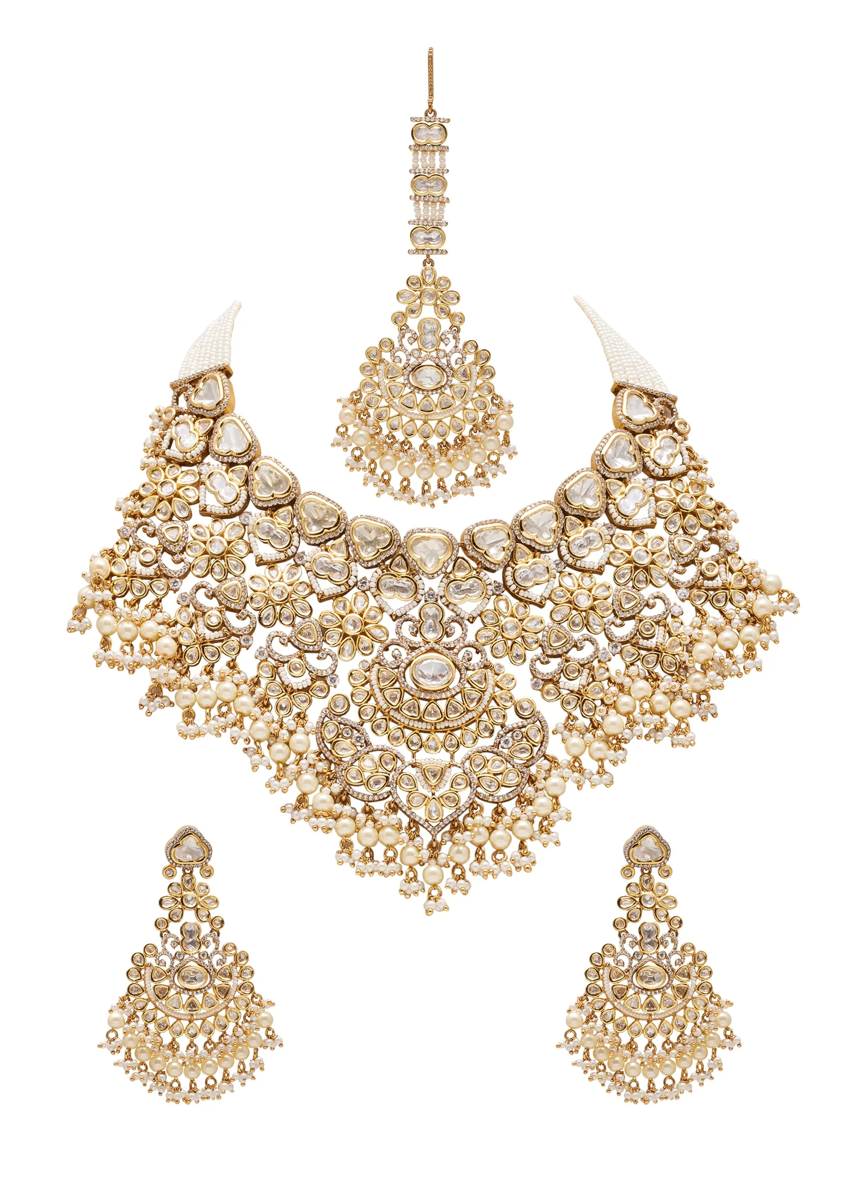 Off White Stone And Beaded Necklace Set With Maangtikka - Image 2