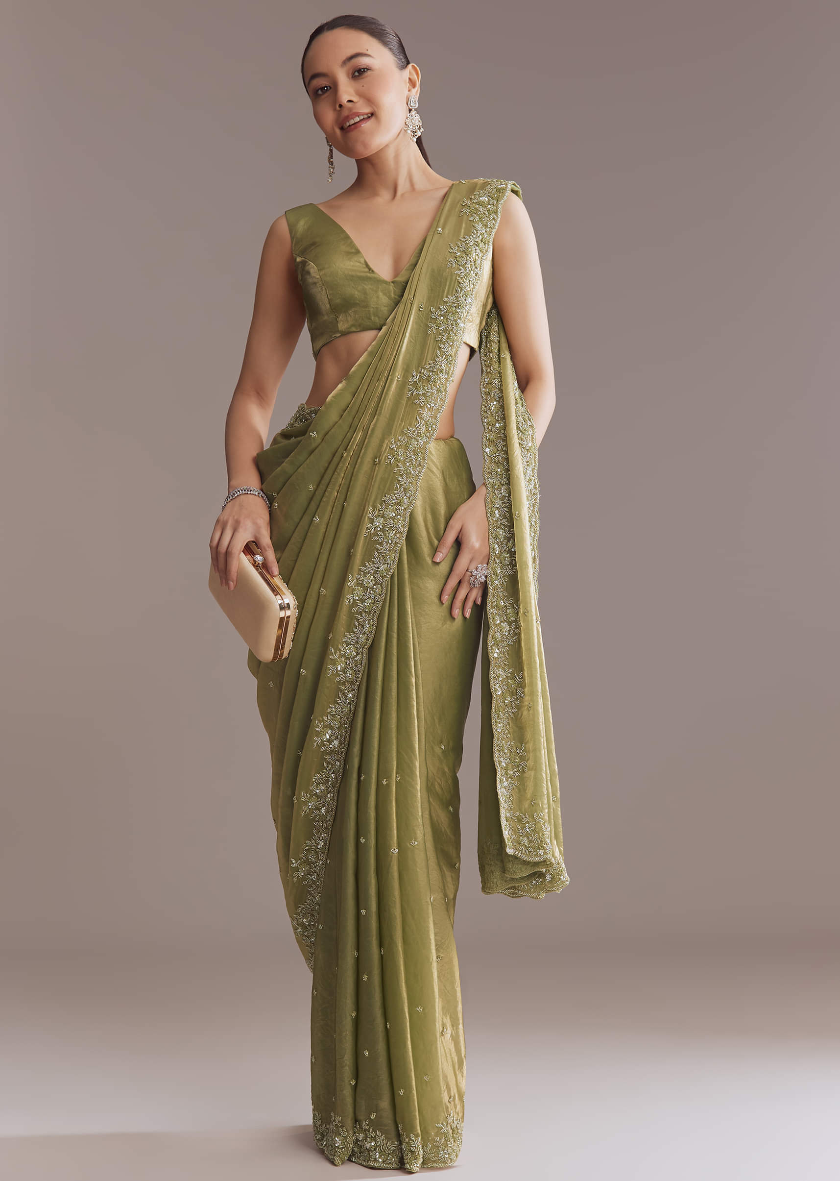 Olive Green Chinon Saree With Bead And Sequin Embroidery - Image 2