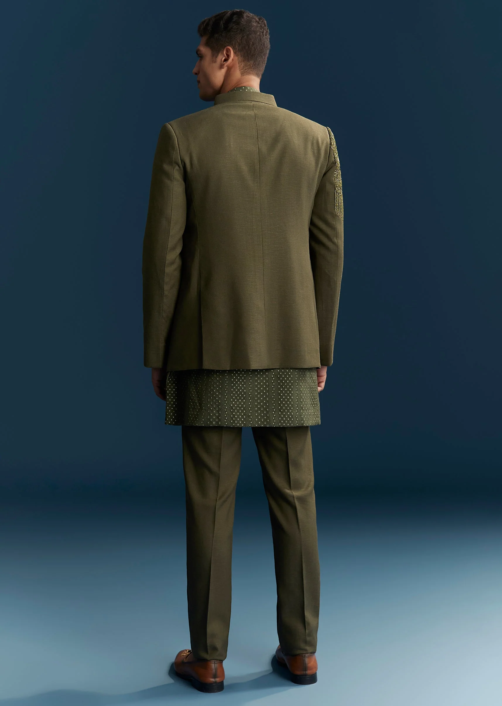 Olive Green Contemporary Duo β Indo Western Crop Top Skirt Set For Her And Jodhpuri Suit For Him - Image 11