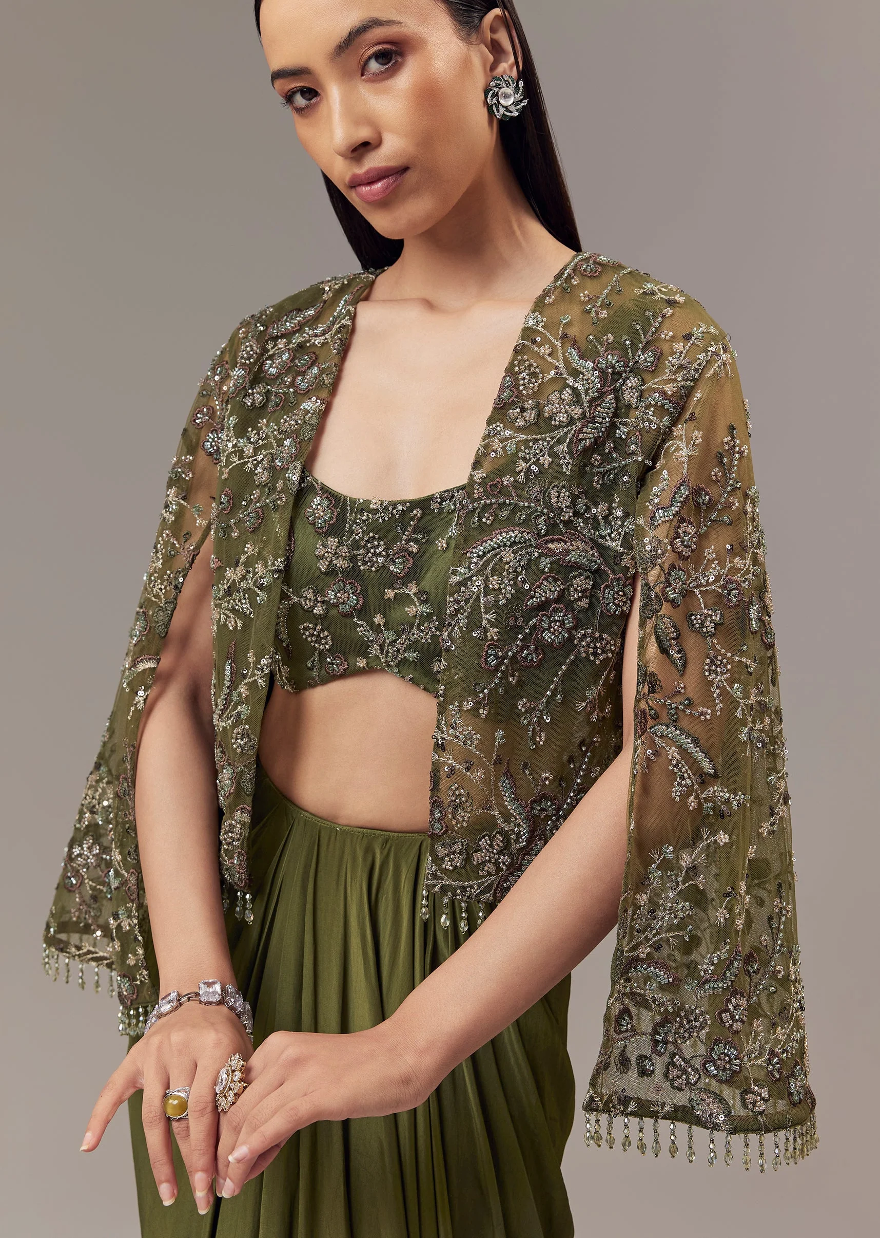 Olive Green Contemporary Duo β Indo Western Crop Top Skirt Set For Her And Jodhpuri Suit For Him - Image 2