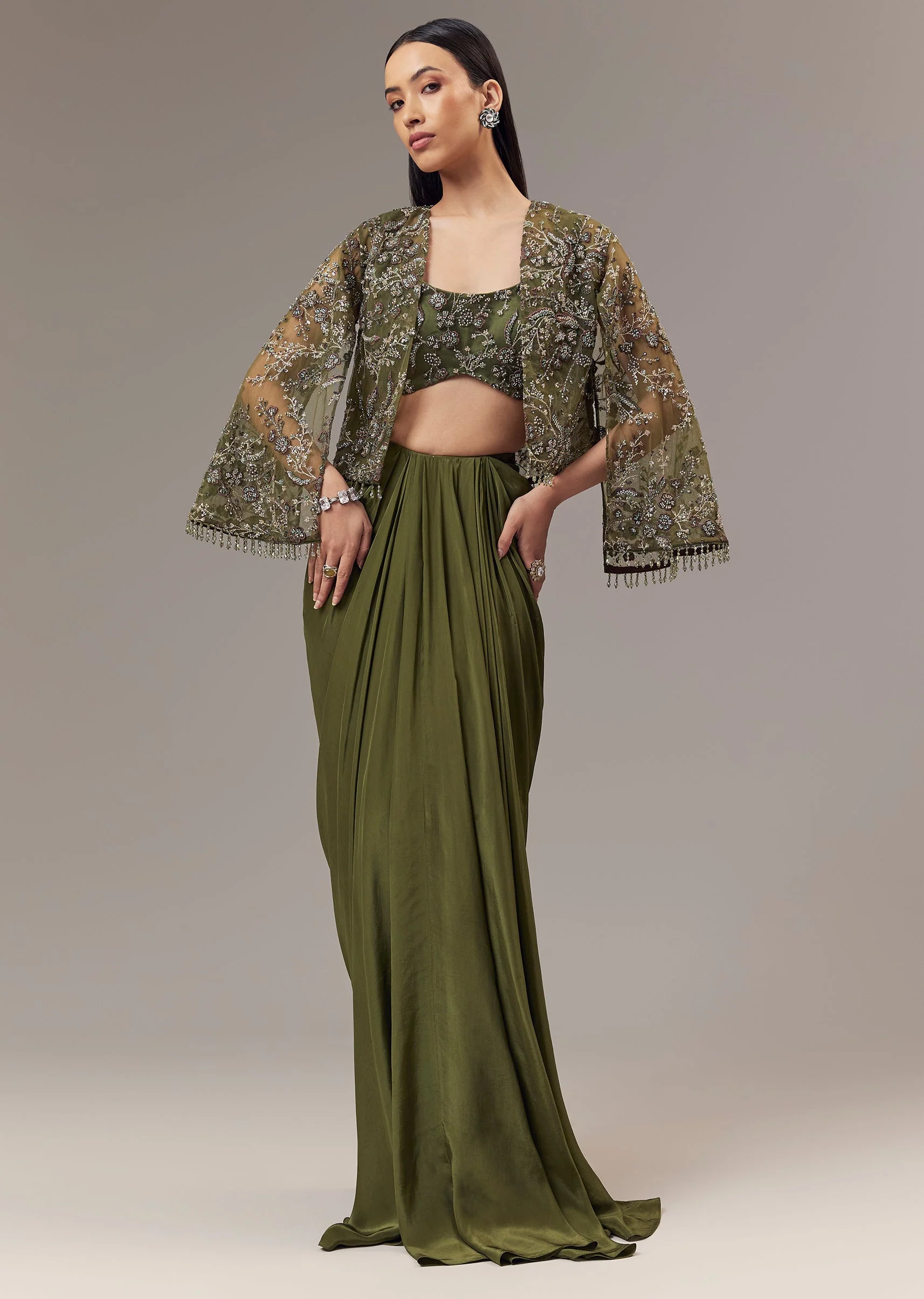 Olive Green Contemporary Duo β Indo Western Crop Top Skirt Set For Her And Jodhpuri Suit For Him - Image 4