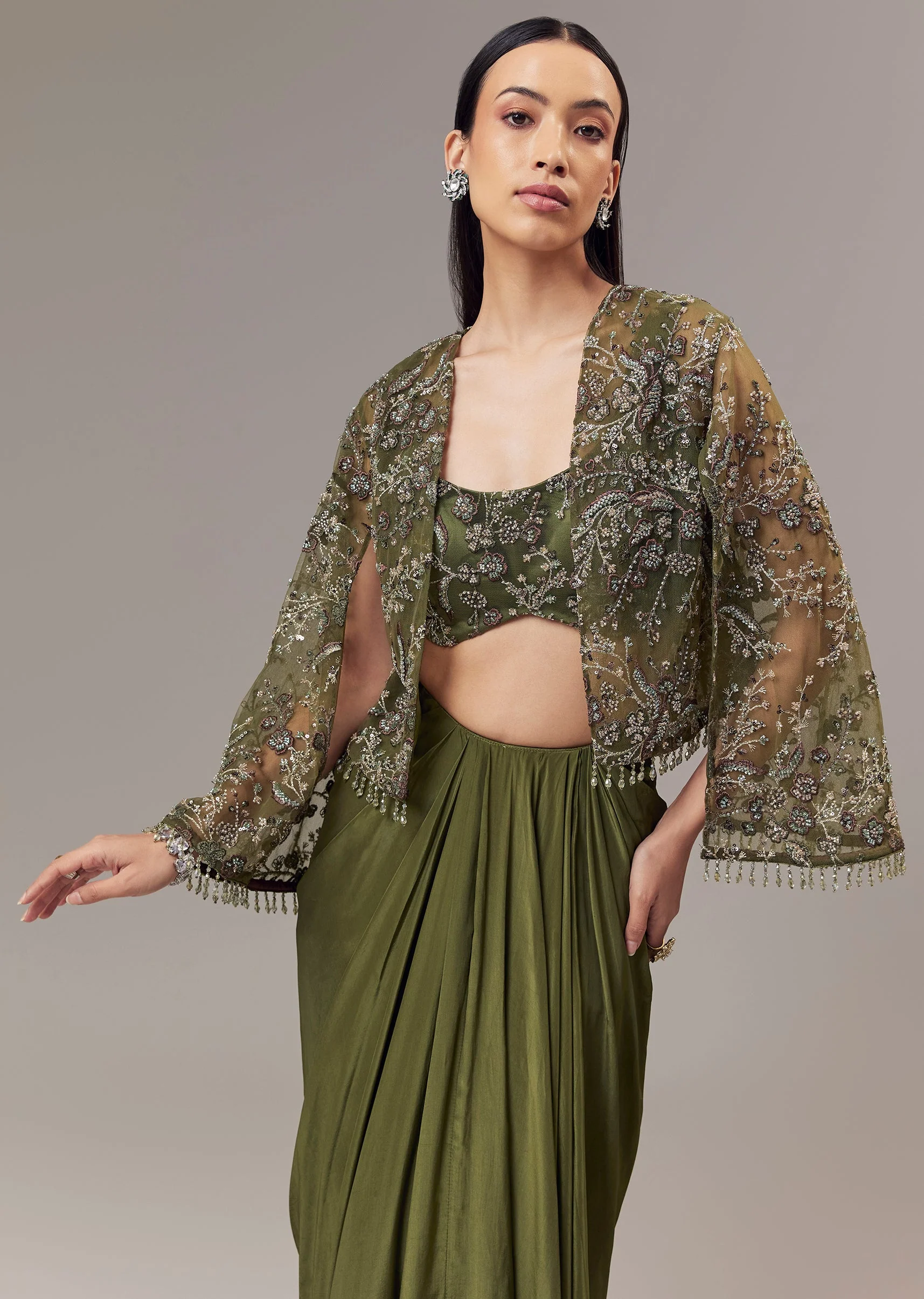 Olive Green Crepe Indo Western Crop Top And Draped Skirt Set With Cape - Image 5