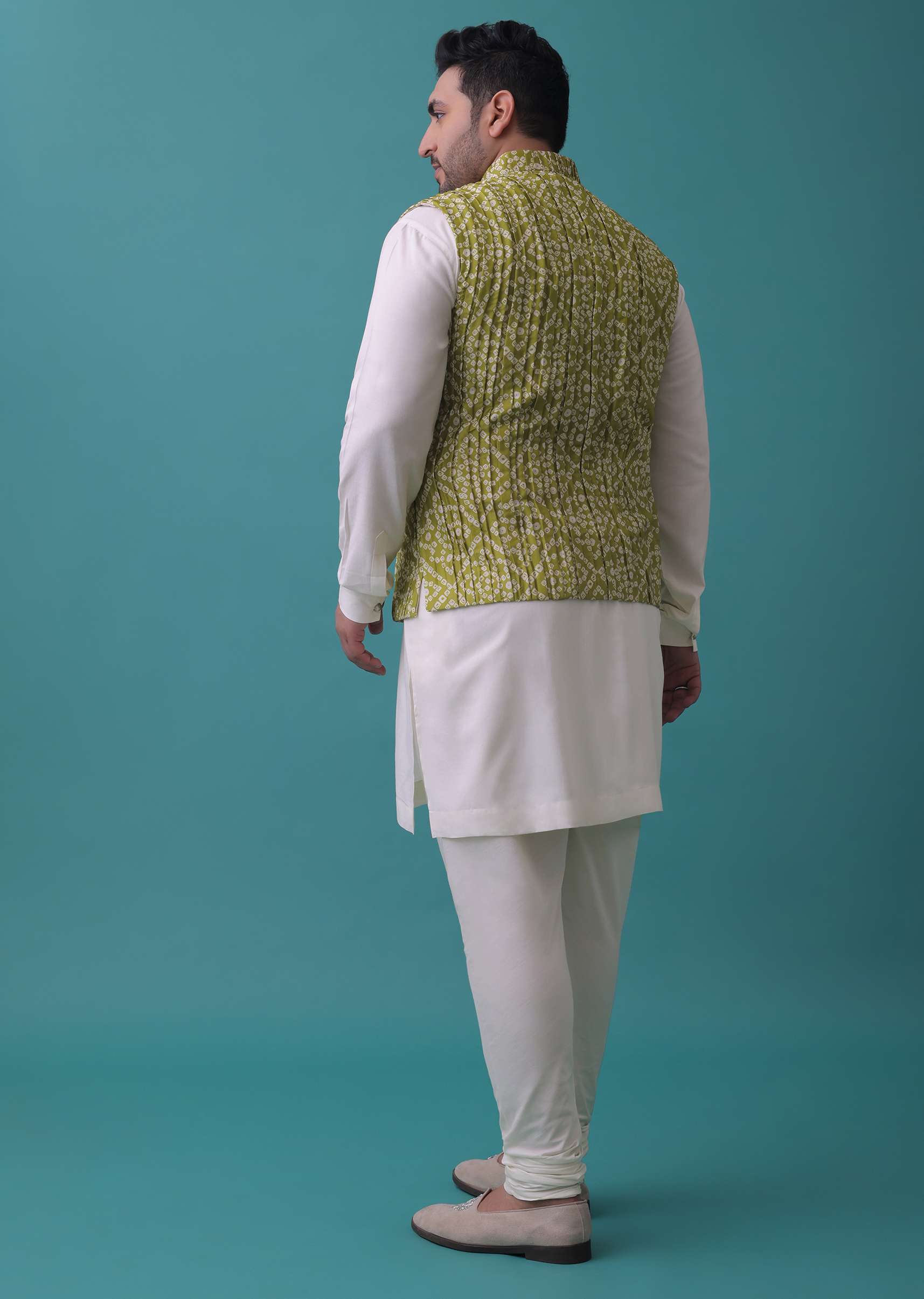 Olive Green Tussar Silk Jacket And Kurta Set With Bandhani Print - Image 6
