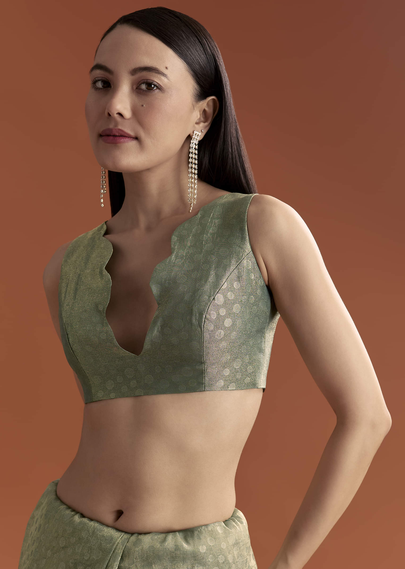 Olive Green Jacquard Saree With Stone And Sequin Embroidery - Image 10