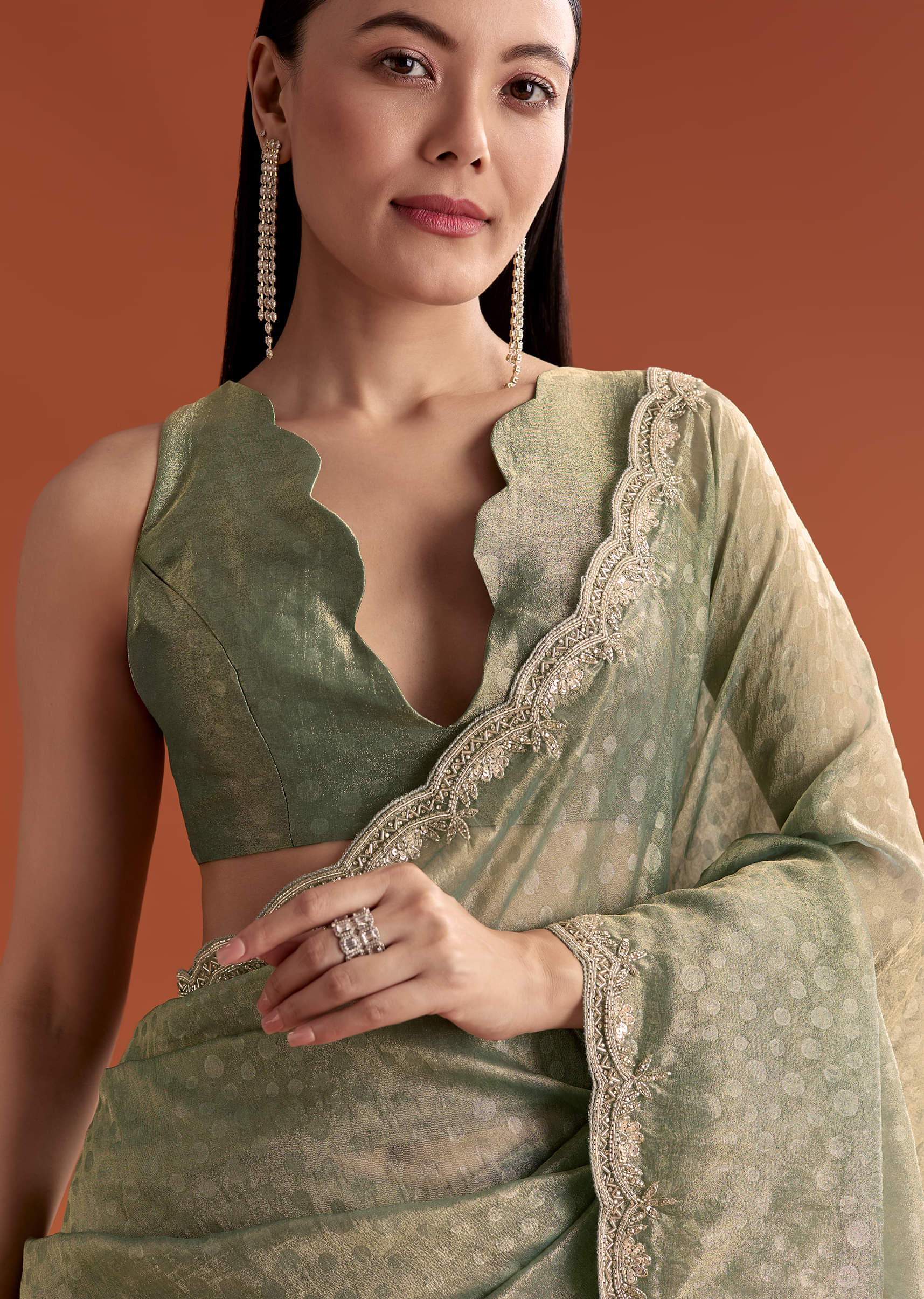 Olive Green Jacquard Saree With Stone And Sequin Embroidery - Image 5