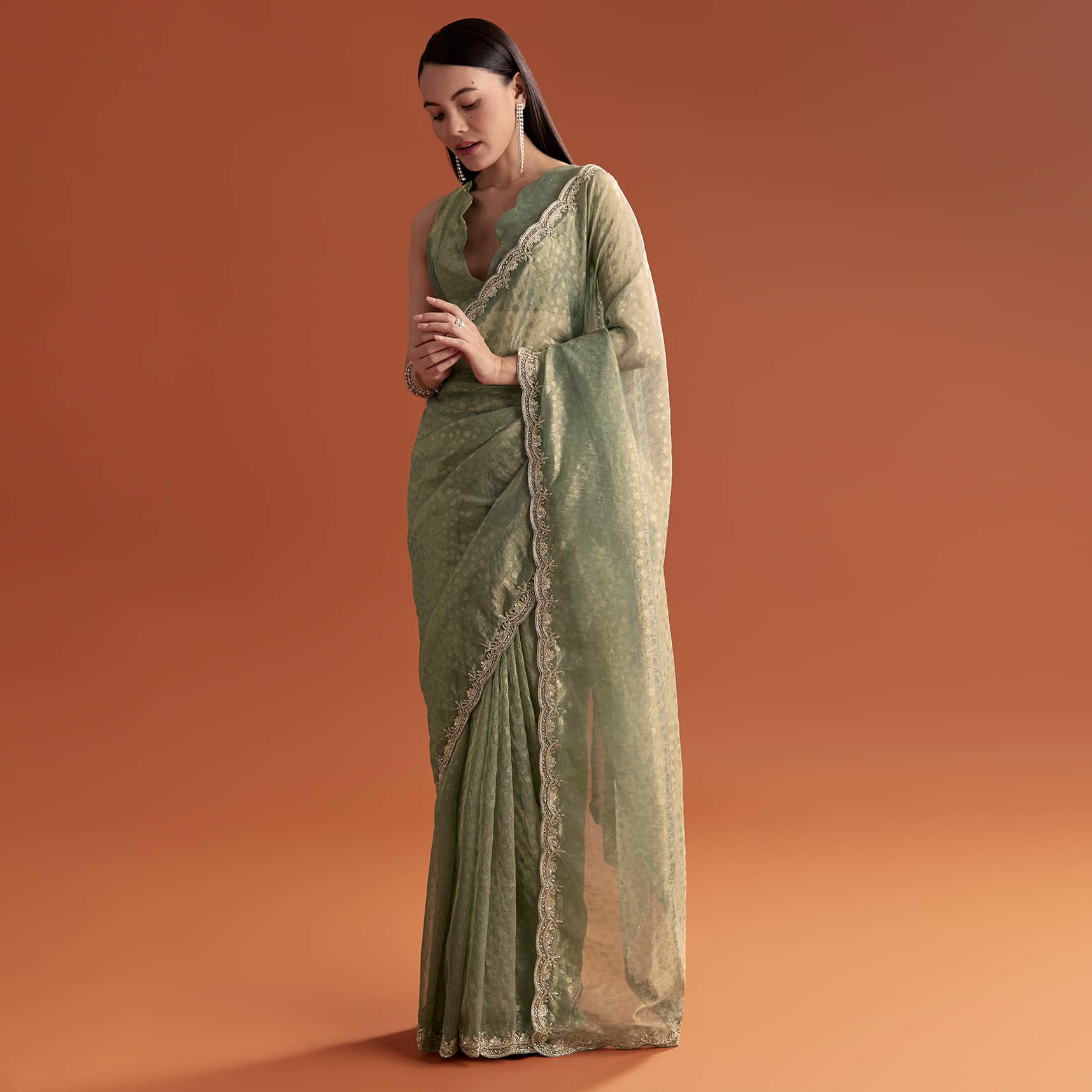 Olive Green Jacquard Saree With Stone And Sequin Embroidery - Image 9