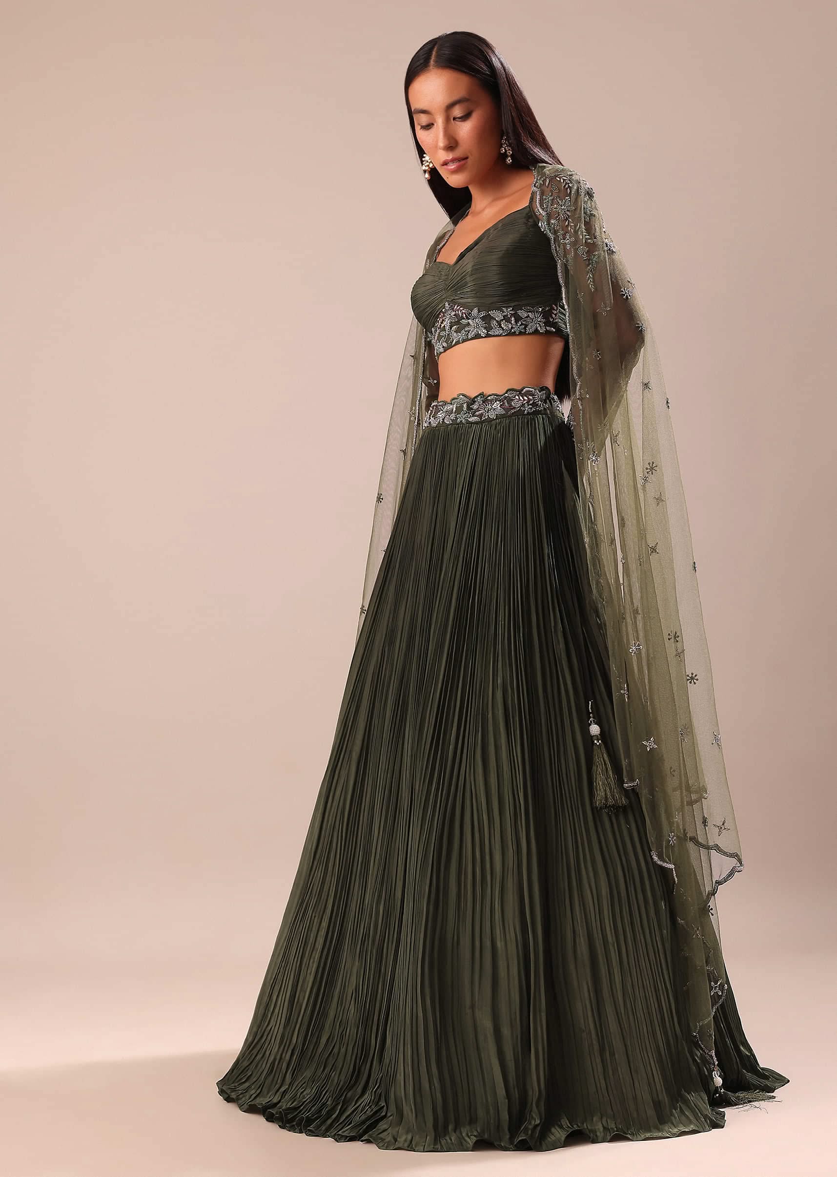 Olive Green Lehenga With Embroidered Blouse And Dupatta - Image 3